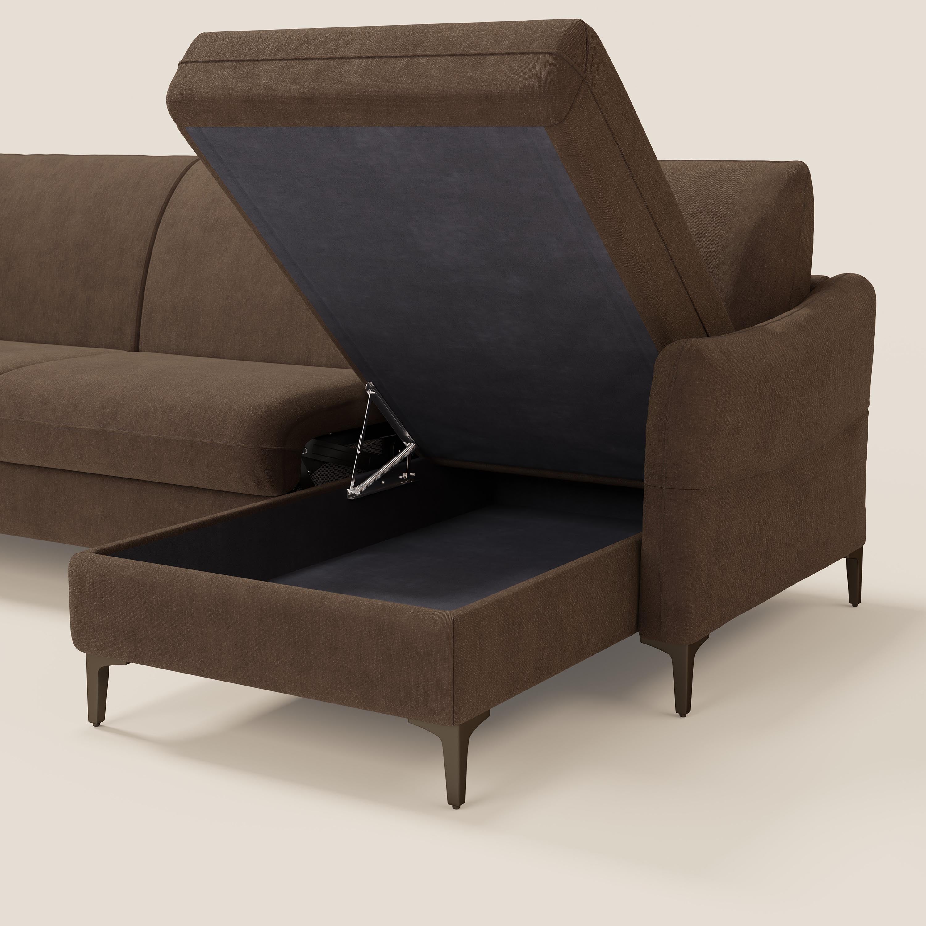 Dalia divano letto angolare con materasso alto 18 cm piedini alti e penisola contenitore in tessuto smacchiabile T17 - divani.store