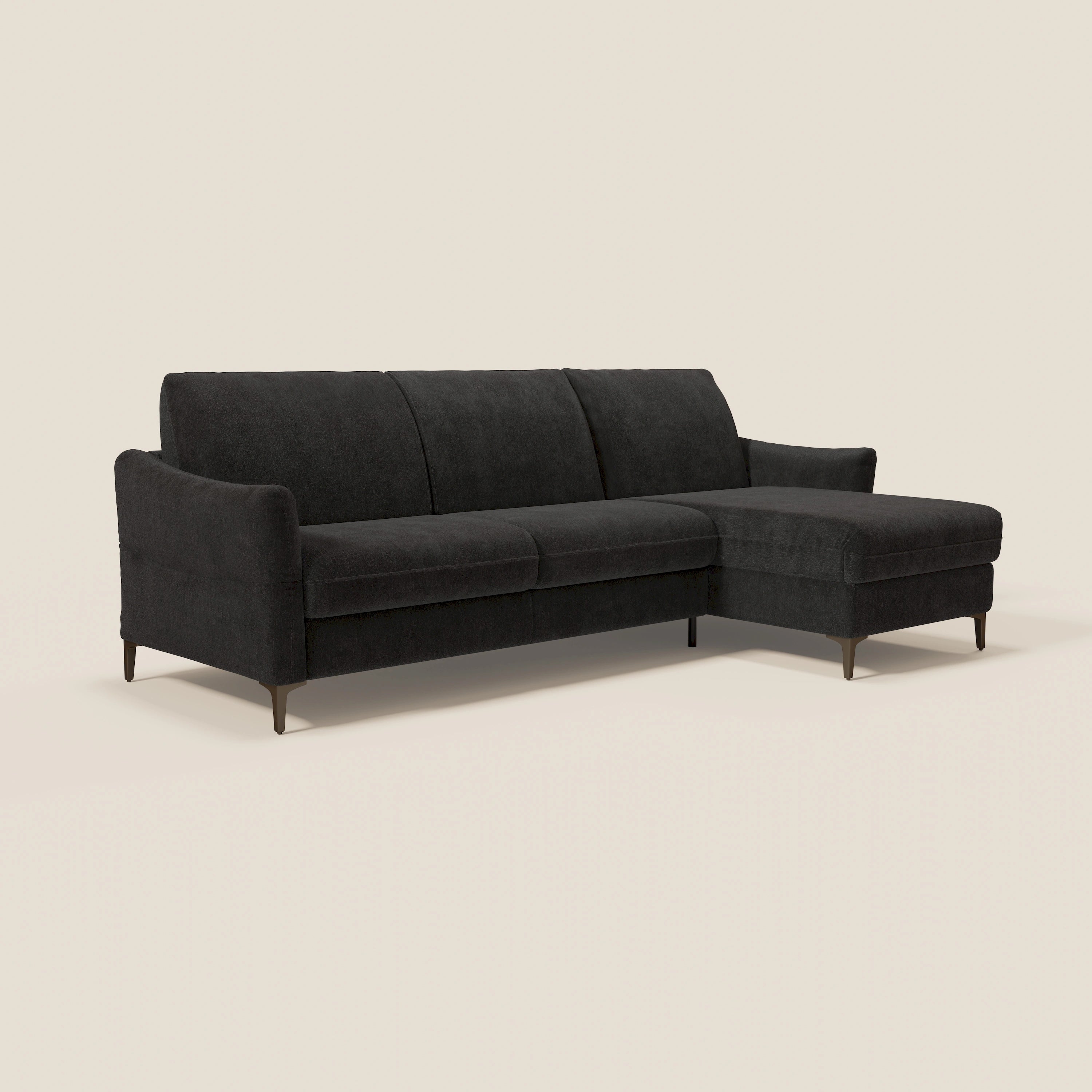 Dalia divano letto angolare con materasso alto 18 cm piedini alti e penisola contenitore in tessuto smacchiabile T17 - divani.store