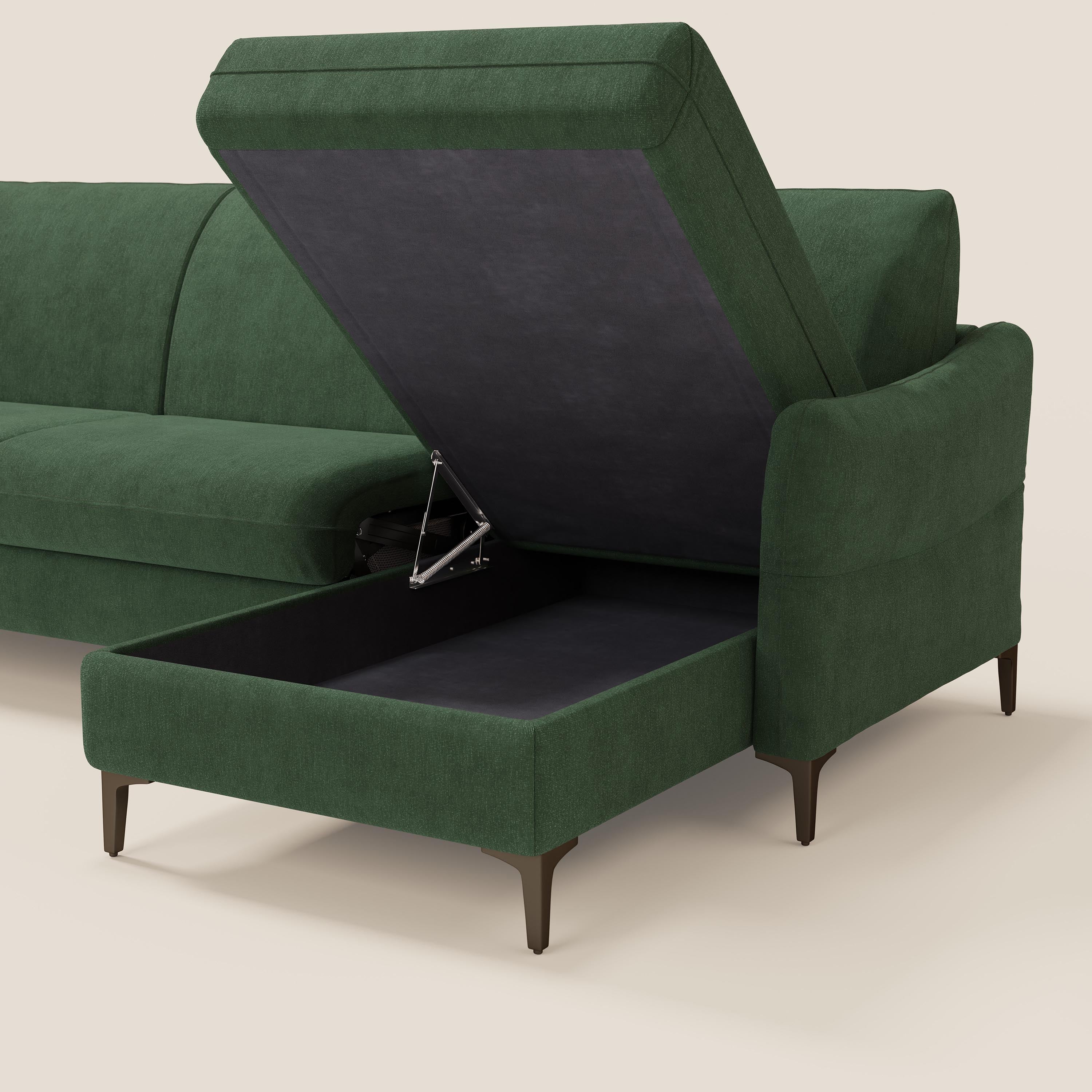 Dalia divano letto angolare con materasso alto 18 cm piedini alti e penisola contenitore in tessuto smacchiabile T17 - divani.store