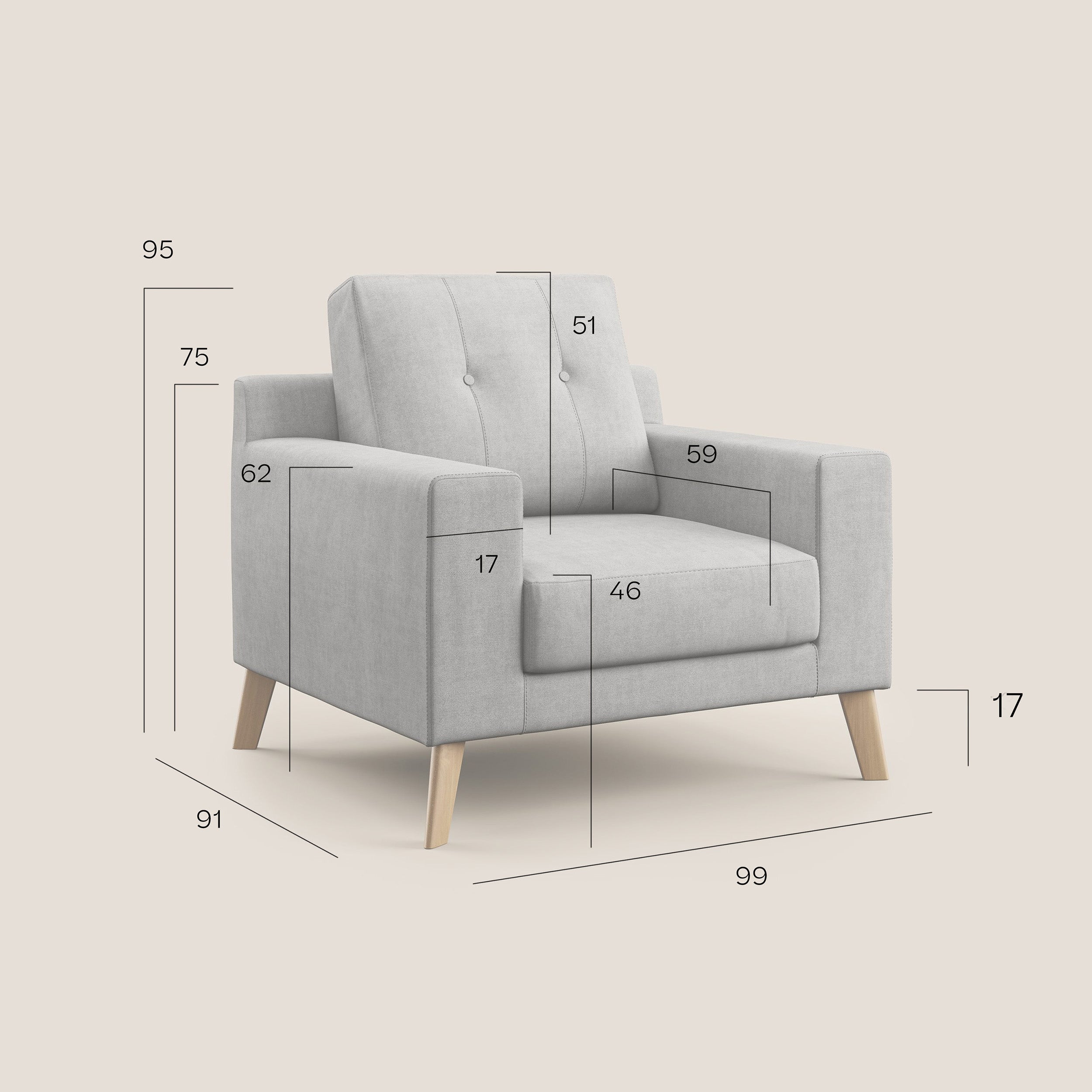 Danish Sessel aus weichem, wasserfestem Stoff T02 grau