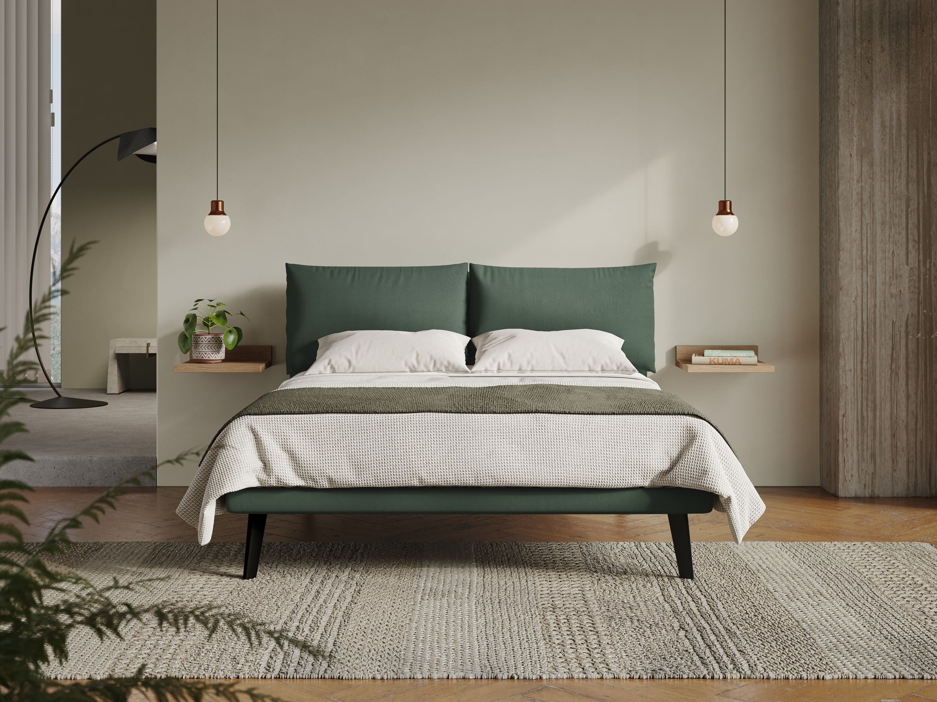 Astrid letto imbottito con piedi in legno in microfibra smacchiabile T11 verde - divani.store