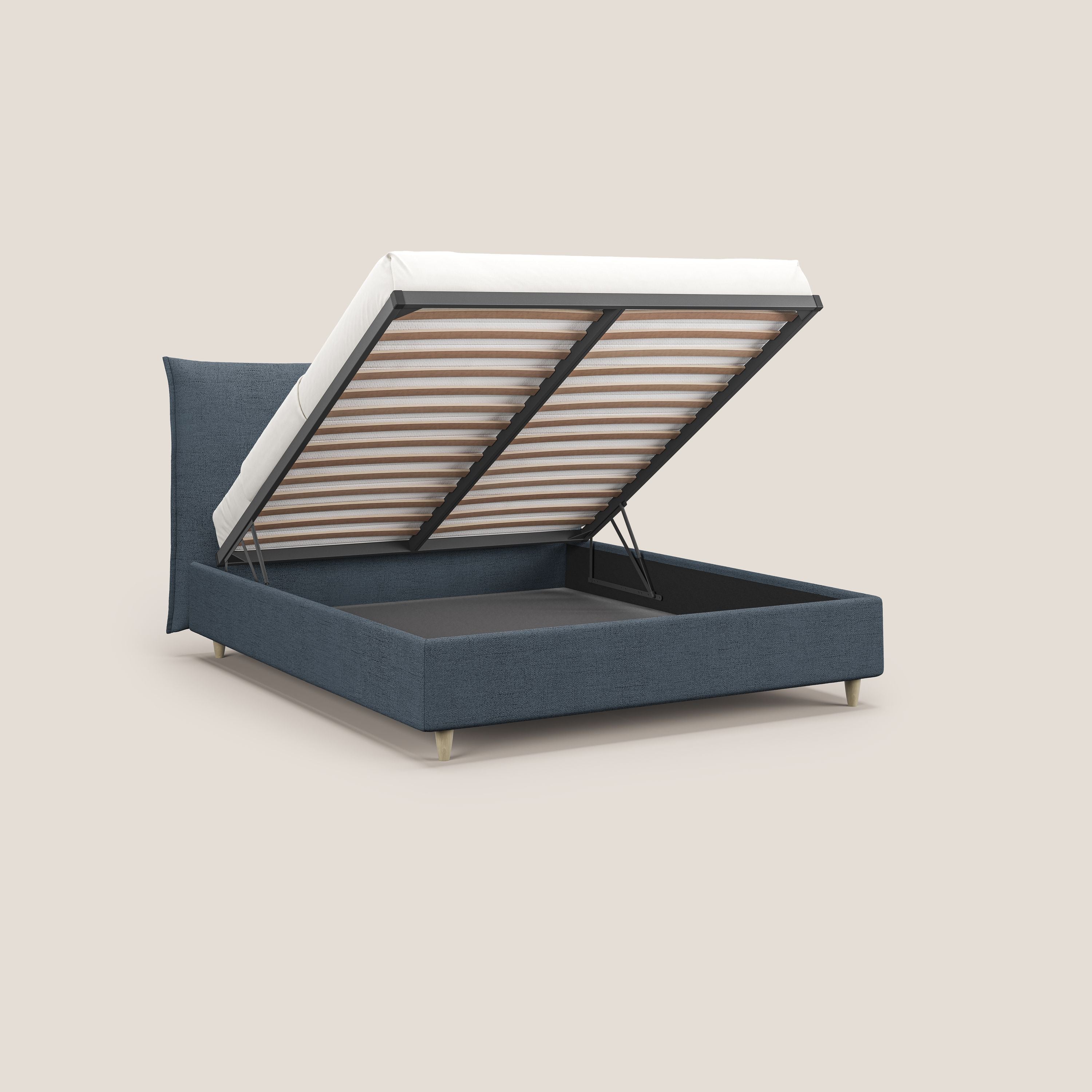 Audrey letto imbottito contenitore e sfoderabile in tessuto fiammato impermeabile T03 blu - divani.store
