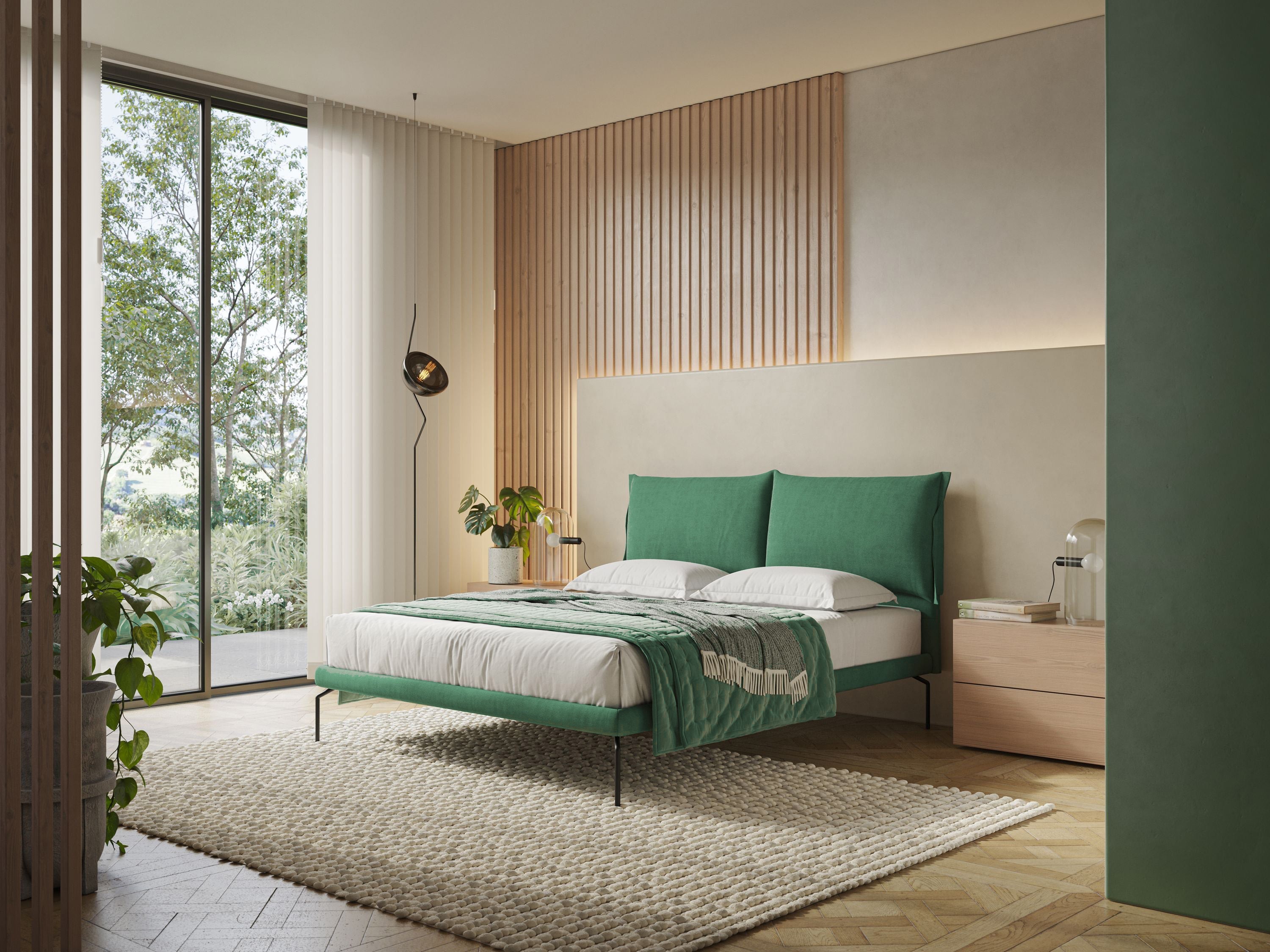 Bice letto imbottito con cuscini e piedi alti in metallo in tessuto impermeabile T02 verde - divani.store