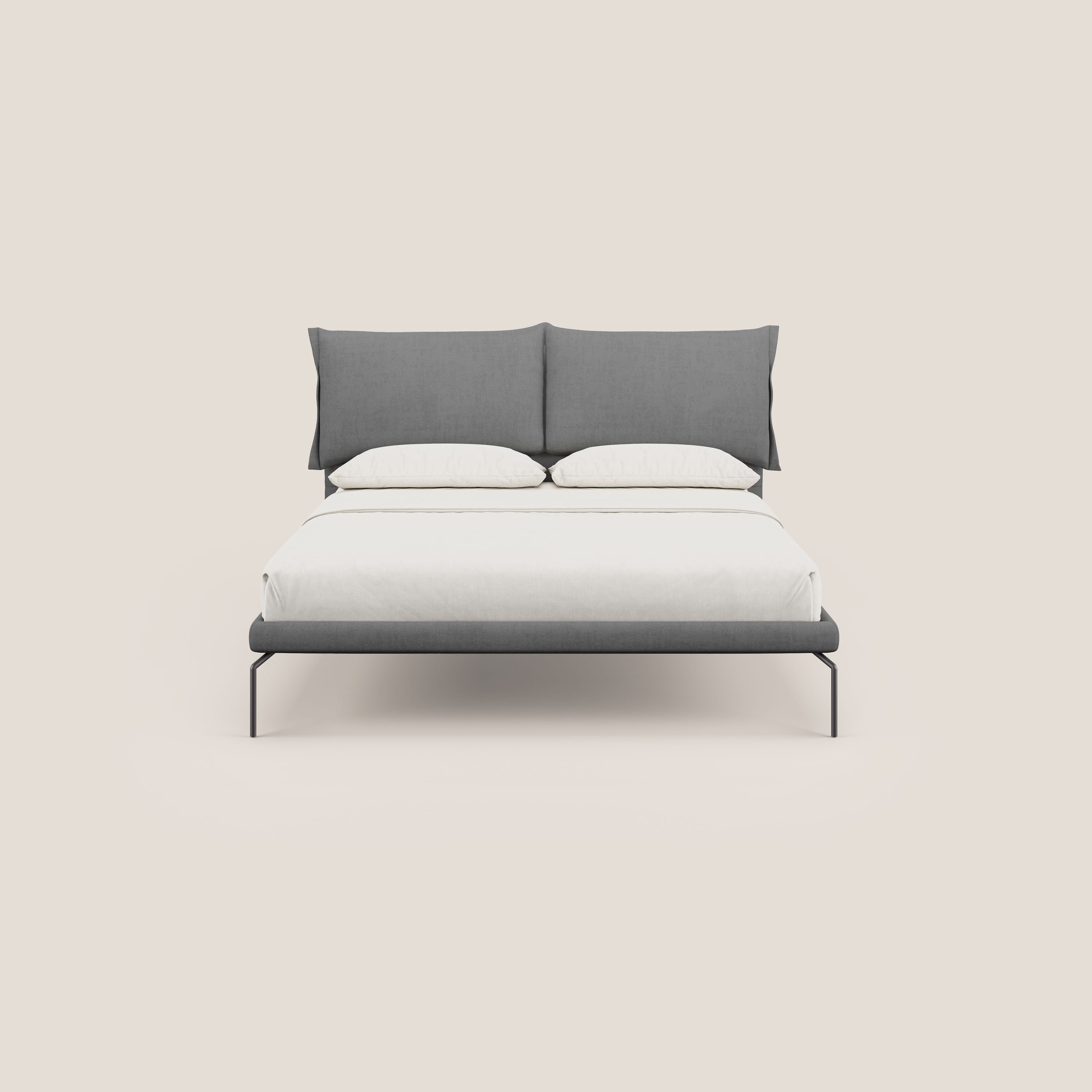 Bice letto imbottito con cuscini e piedi alti in metallo in tessuto impermeabile T02 grigio - divani.store