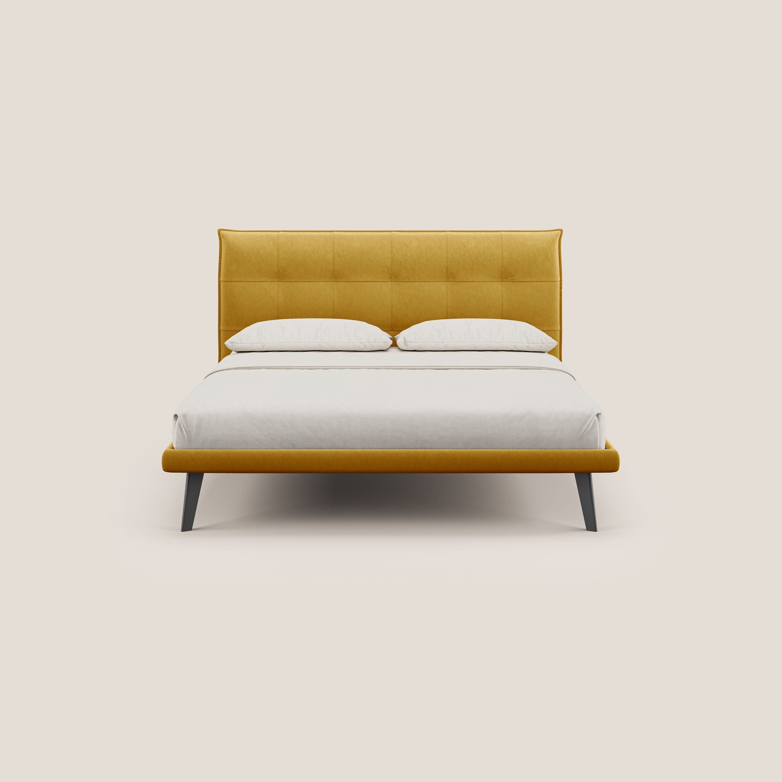 Brigitte letto con testata trapuntata piedi alti in mogano e tessuto impermeabile T09 giallo - divani.store