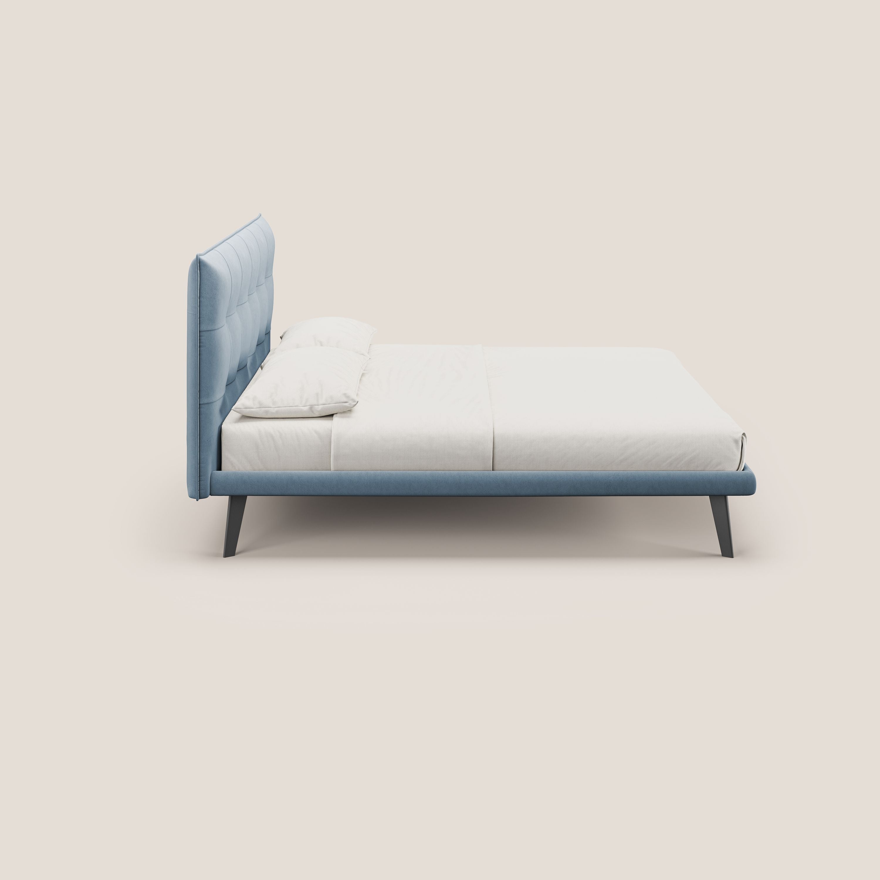 Brigitte letto con testata trapuntata piedi alti in mogano e tessuto impermeabile T09 carta da zucchero - divani.store