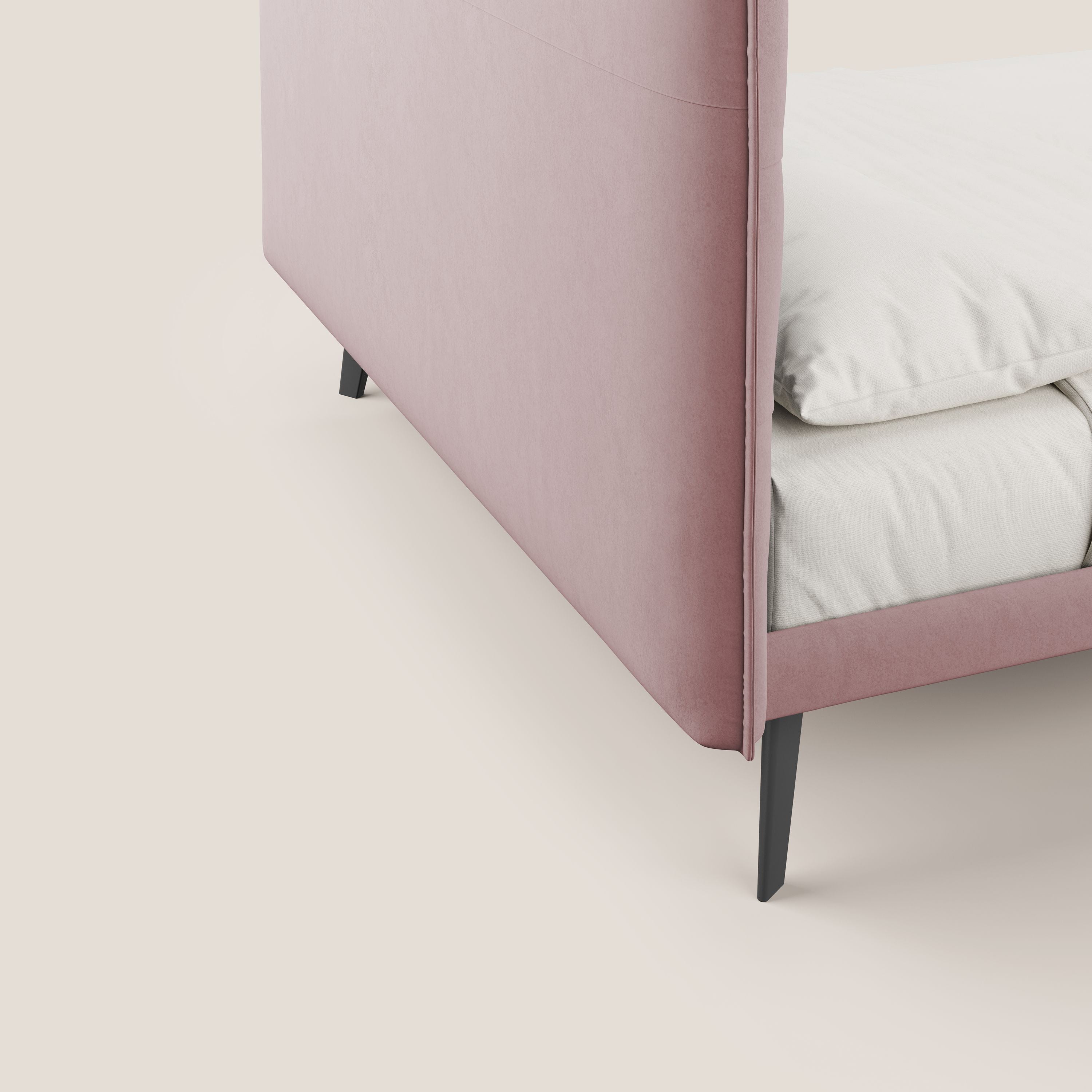 Brigitte letto con testata trapuntata piedi alti in mogano e tessuto impermeabile T09 rosa - divani.store