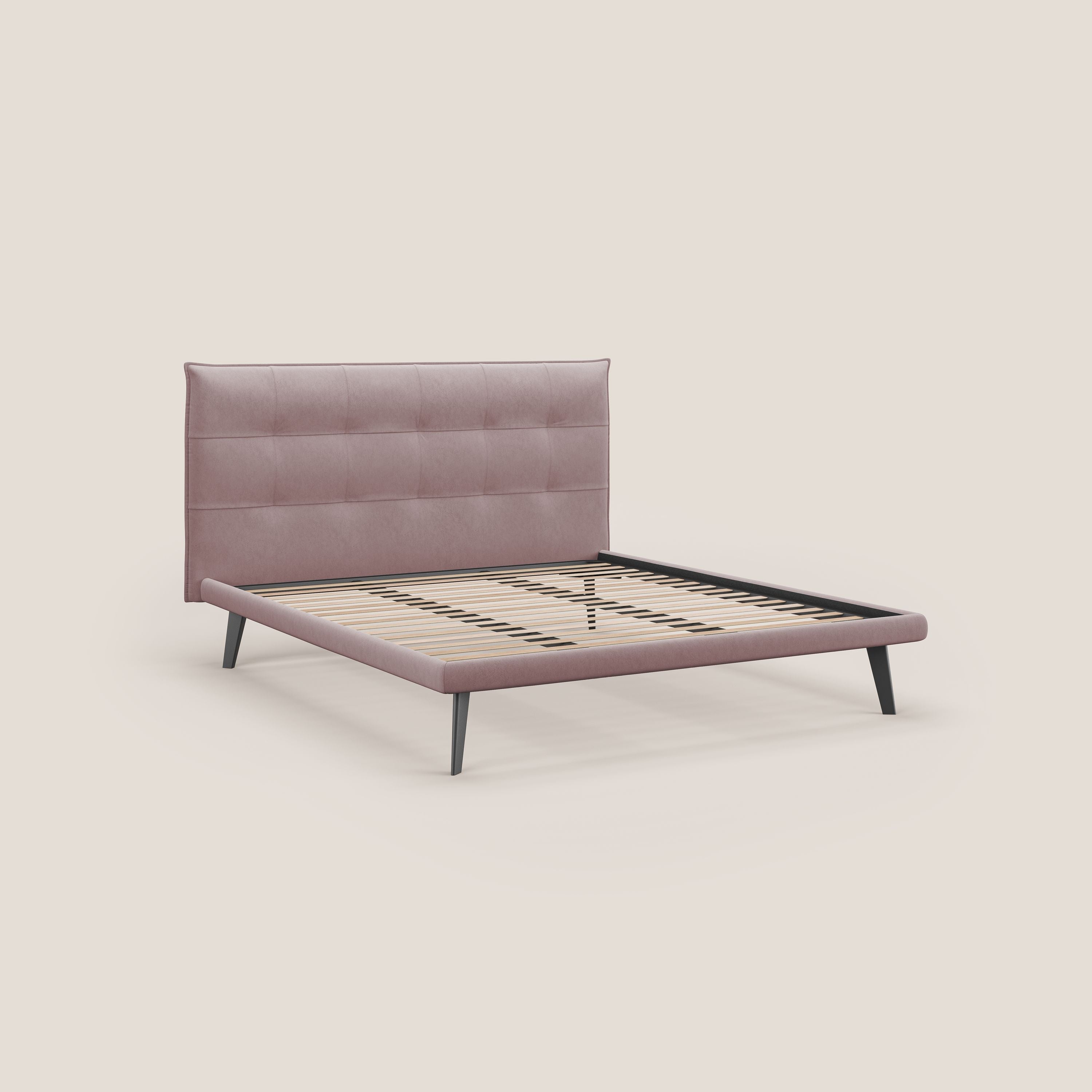 Brigitte letto con testata trapuntata piedi alti in mogano e tessuto impermeabile T09 rosa - divani.store