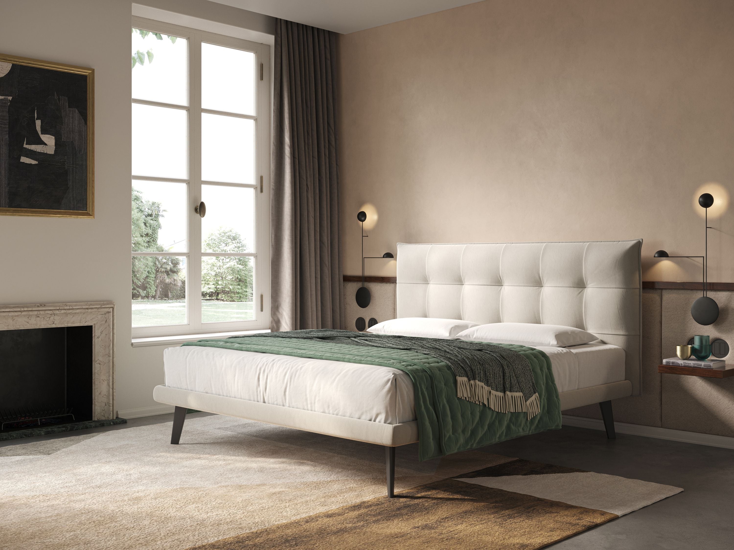 Brigitte letto con testata trapuntata piedi alti in mogano e tessuto impermeabile T09 panna - divani.store