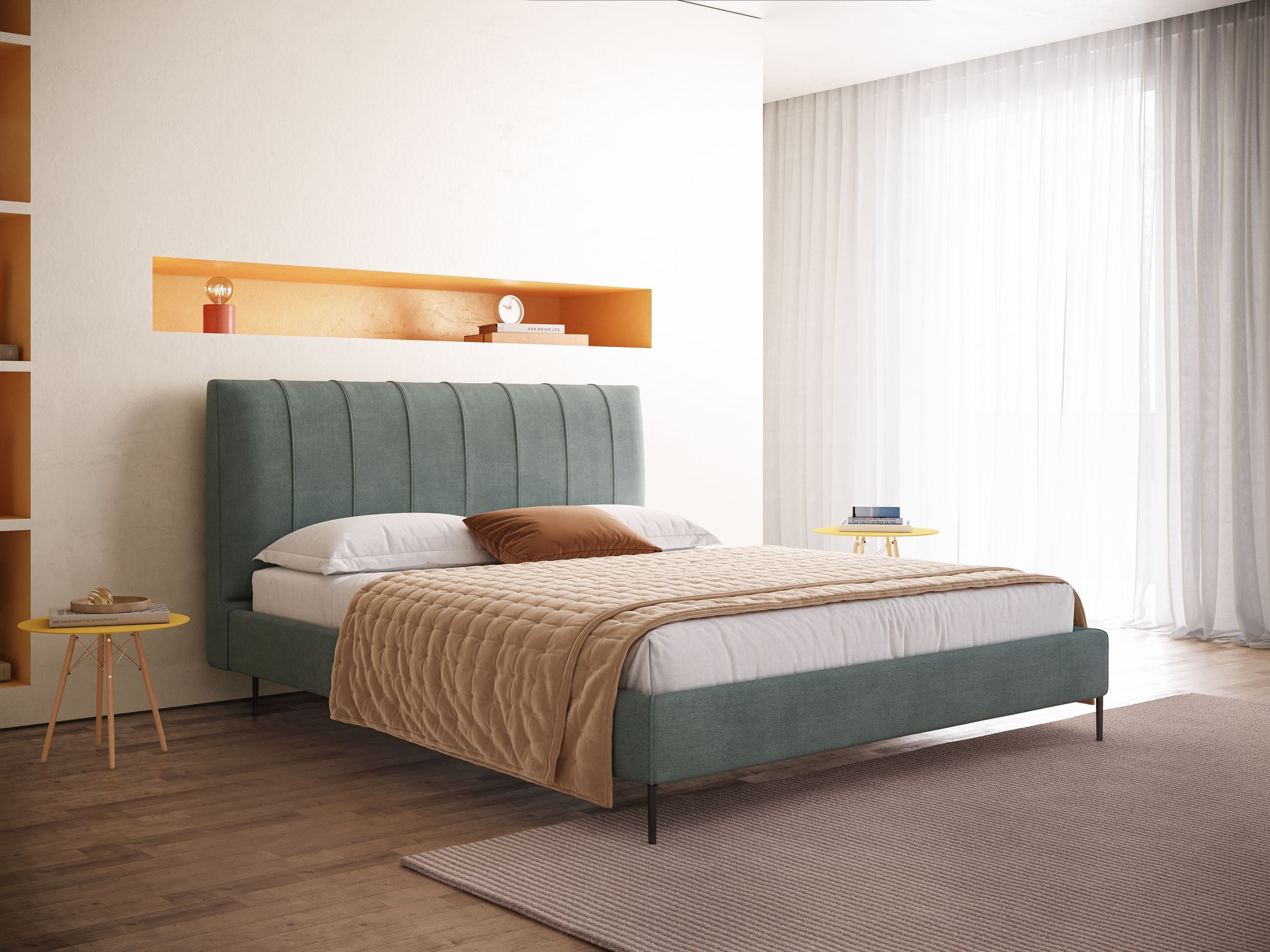 Calliope letto imbottito piedini alti completamente sfoderabile in tessuto smacchiabile T17 verde acqua - divani.store