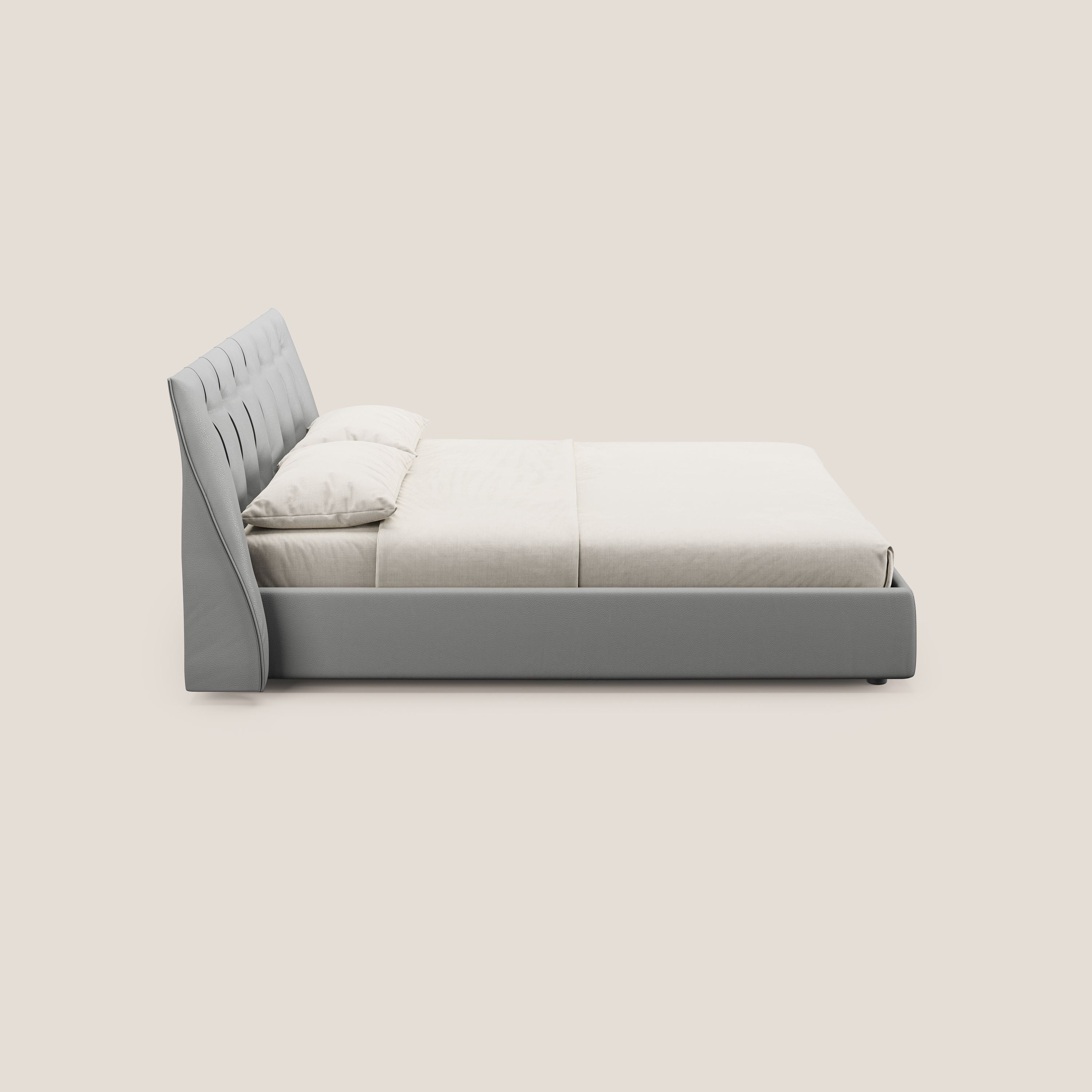 Clizia letto imbottito di design con vano contenitore in ecopelle impermeabile T04 grigio chiaro - divani.store
