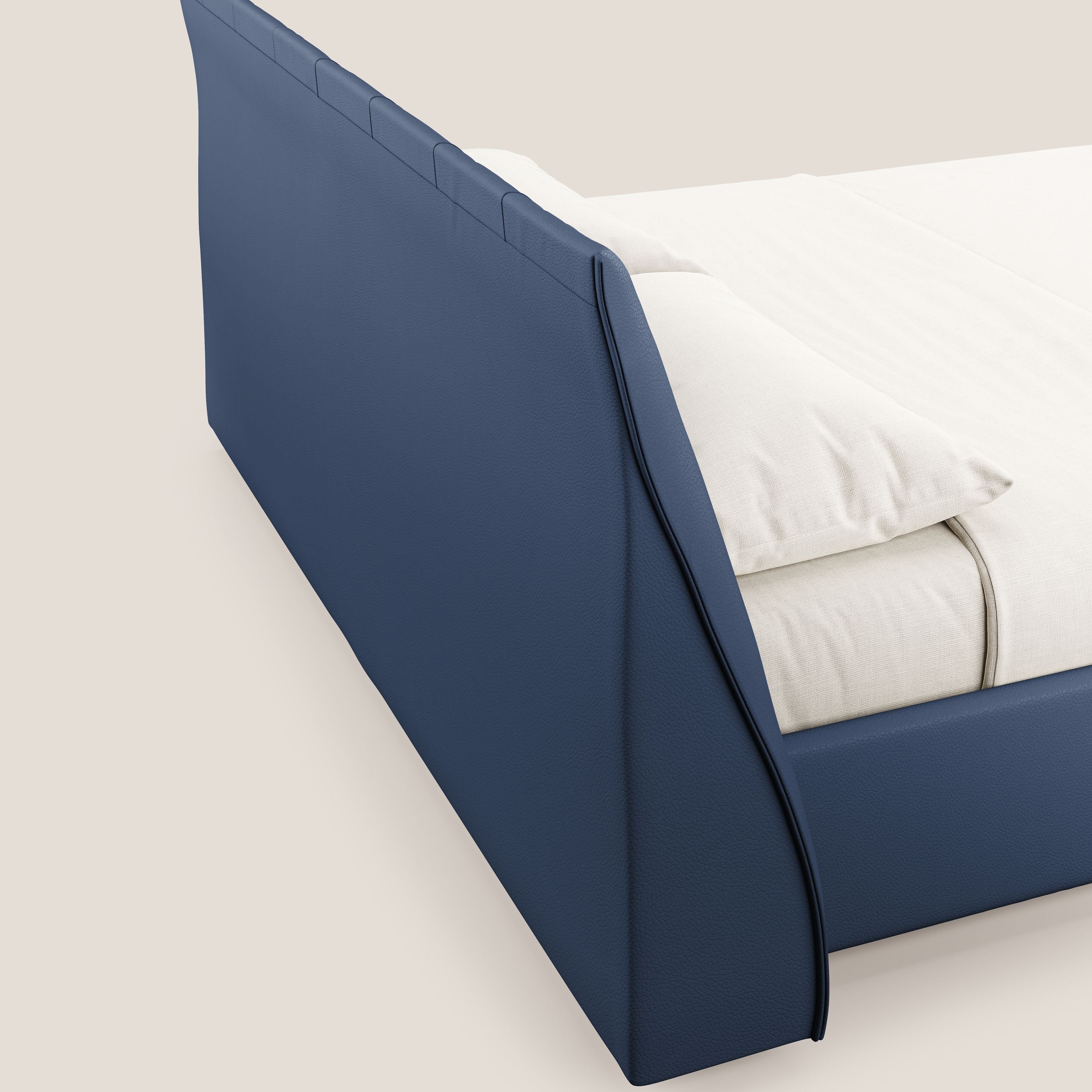 Clizia letto imbottito di design con vano contenitore in ecopelle impermeabile T04 blu - divani.store