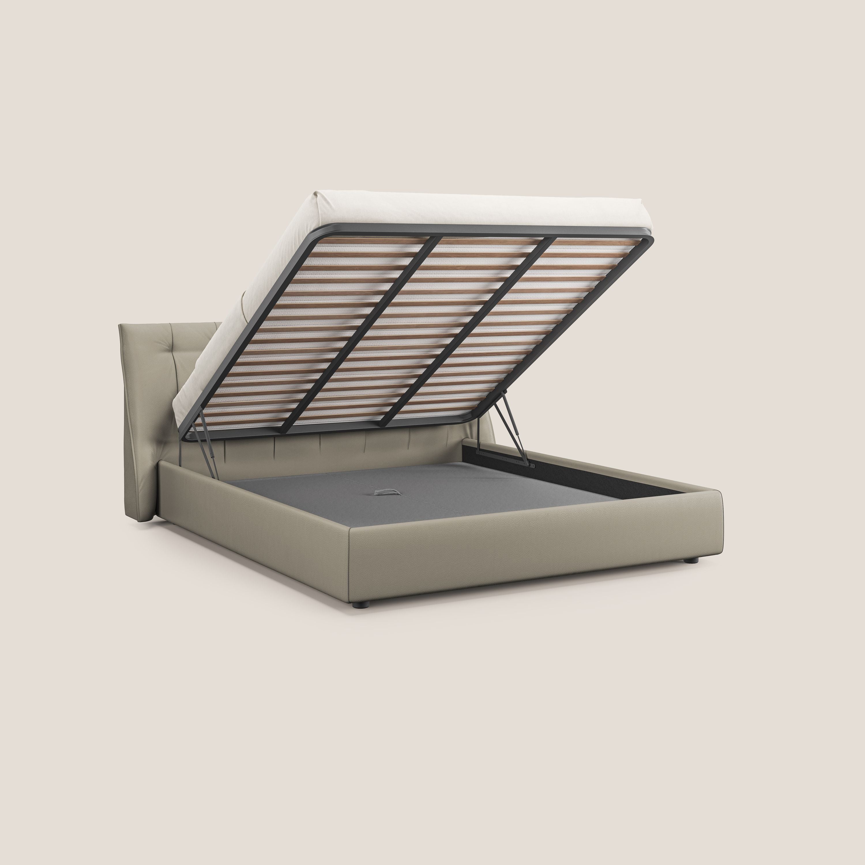 Clizia letto imbottito di design con vano contenitore in ecopelle impermeabile T04 tortora - divani.store