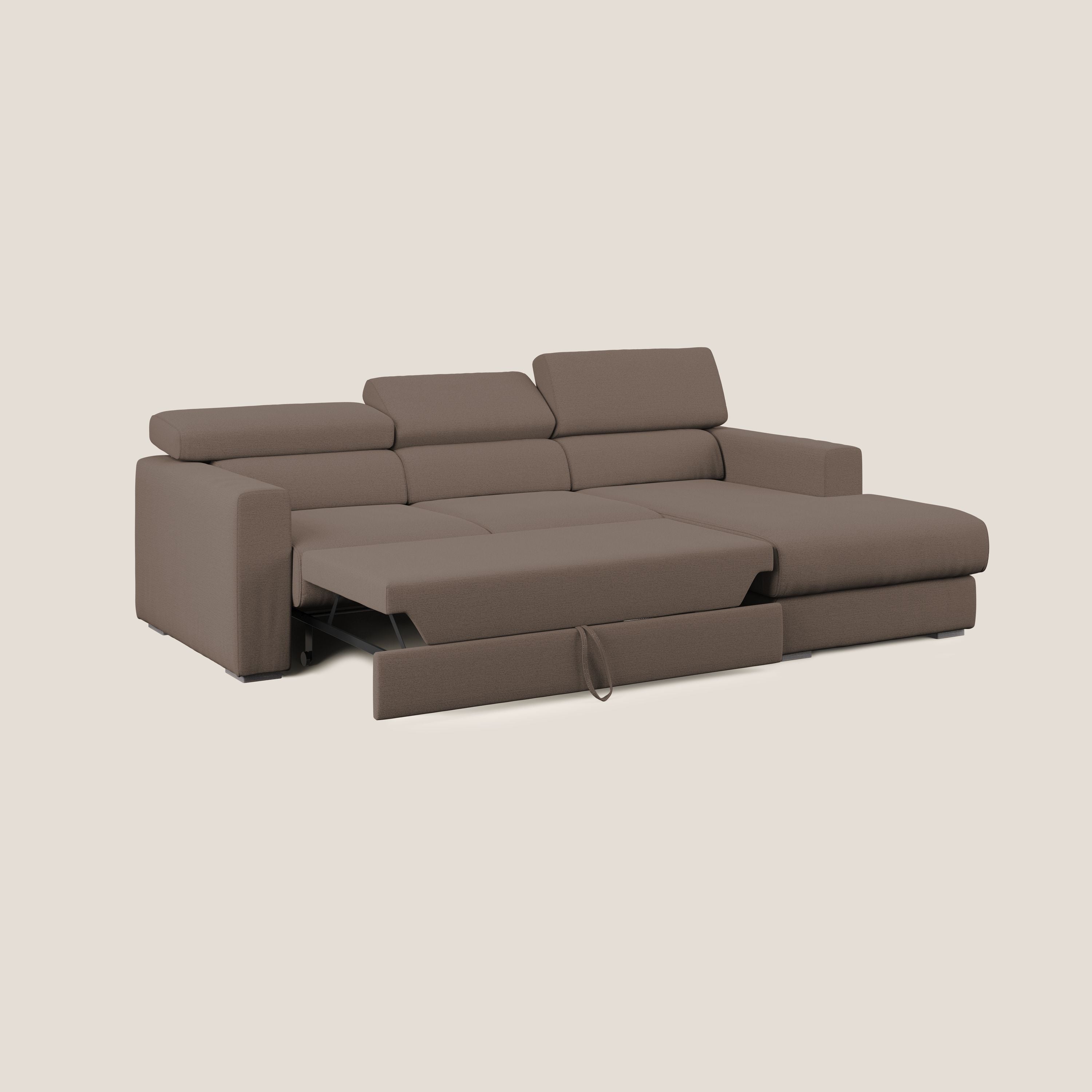 Dylan divano angolare con estraibile a cassettone in tessuto fiammato simil cotone impermeabile T19 marrone - divani.store