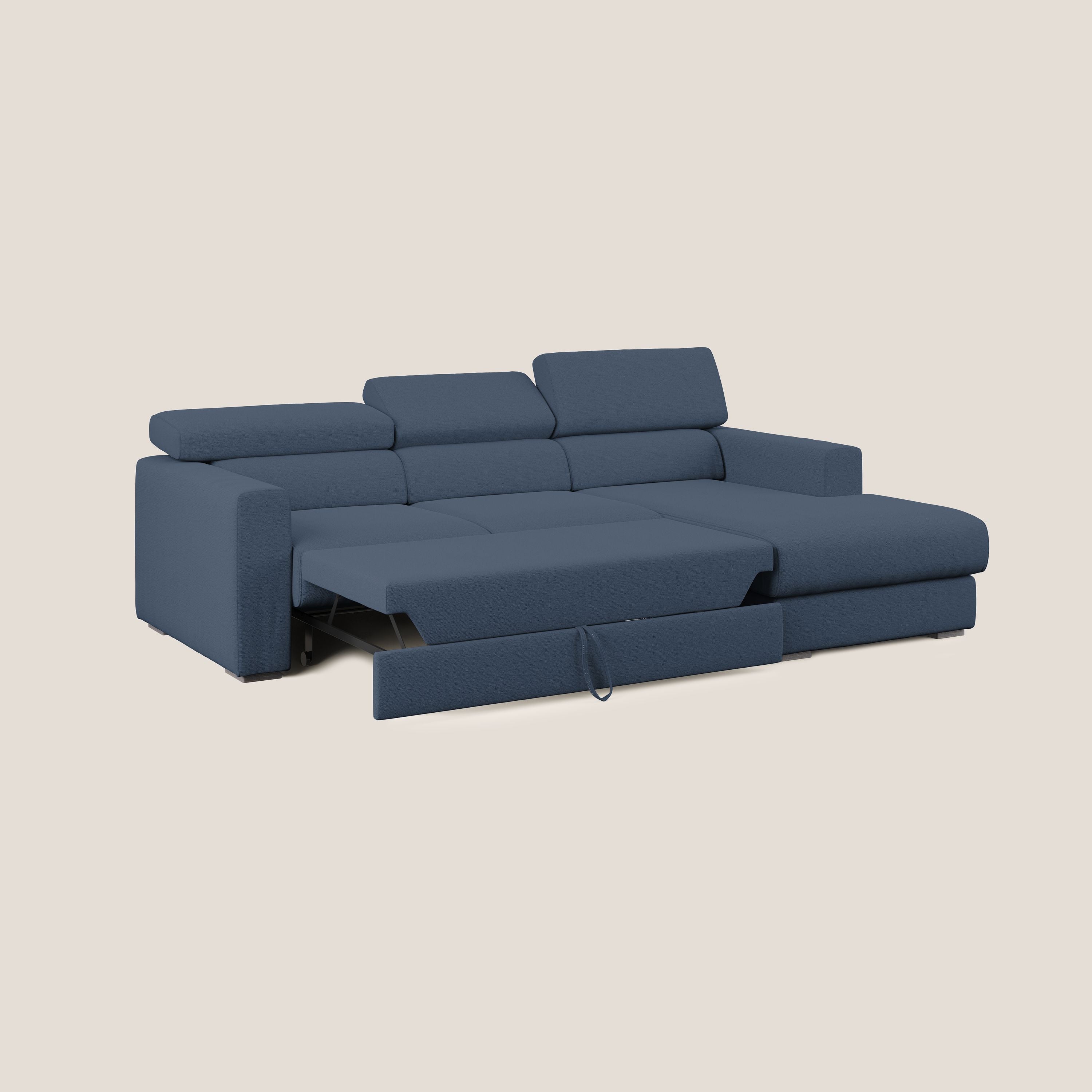 Dylan divano angolare con estraibile a cassettone in tessuto fiammato simil cotone impermeabile T19 blu - divani.store