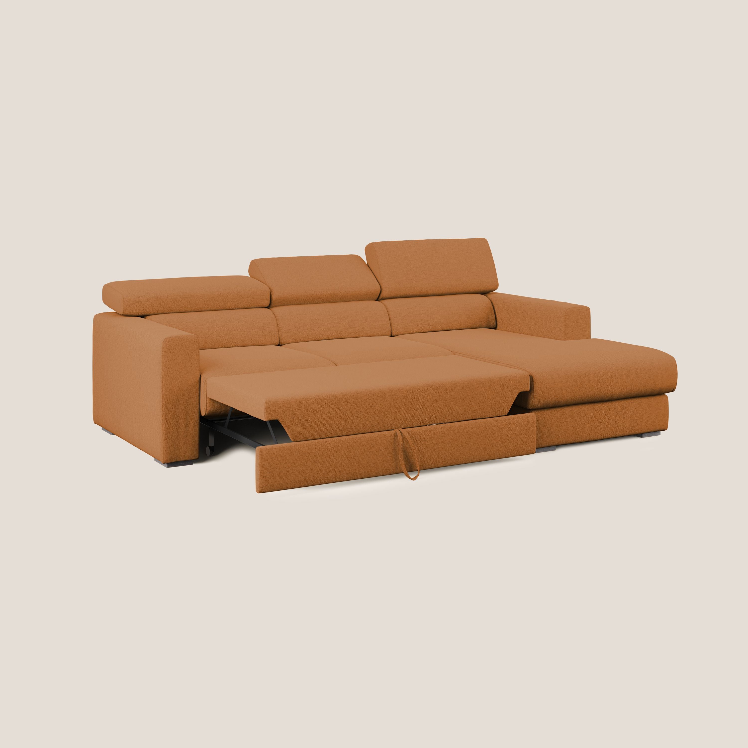 Dylan divano angolare con estraibile a cassettone in tessuto fiammato simil cotone impermeabile T19 arancio - divani.store