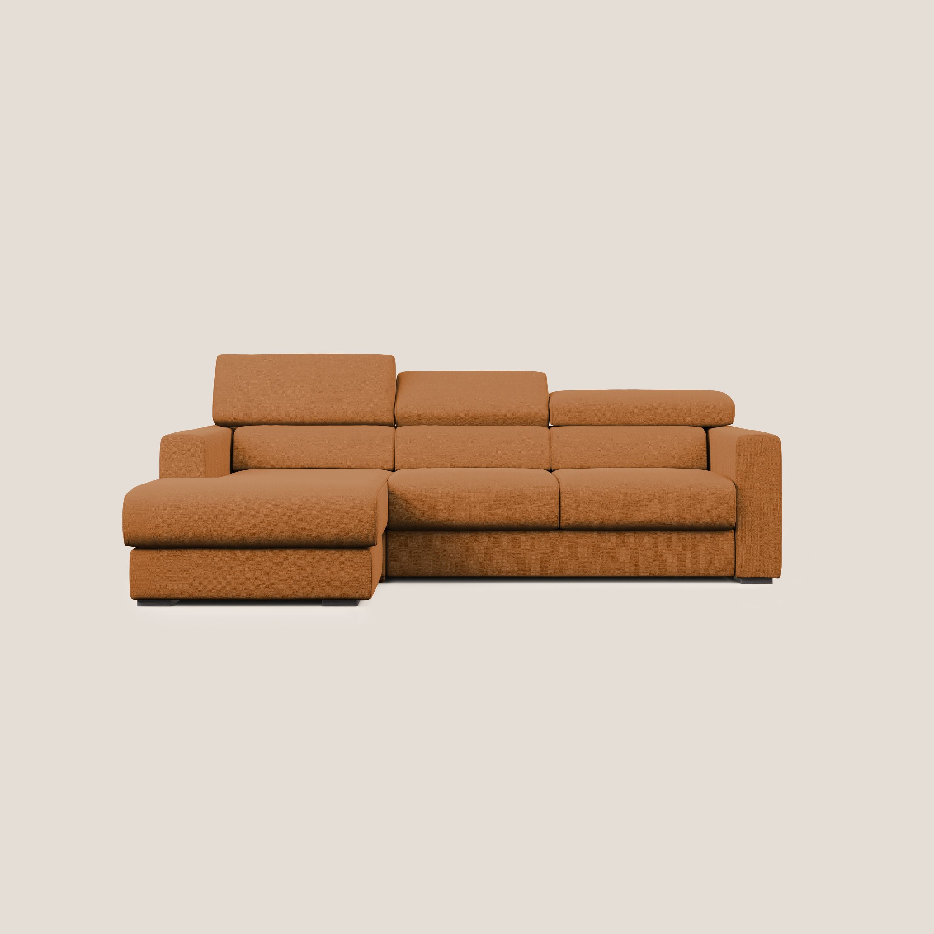 Dylan divano angolare con estraibile a cassettone in tessuto fiammato simil cotone impermeabile T19 arancio - divani.store