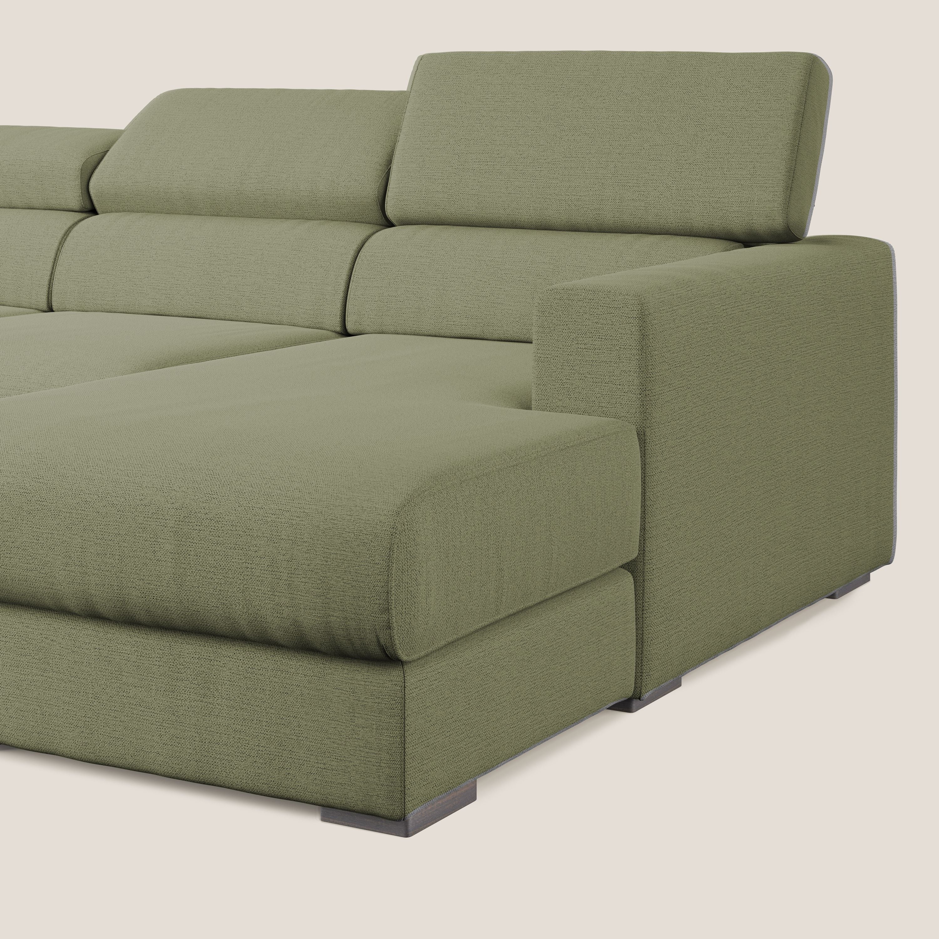 Dylan divano angolare con estraibile a cassettone in tessuto fiammato simil cotone impermeabile T19 verde - divani.store