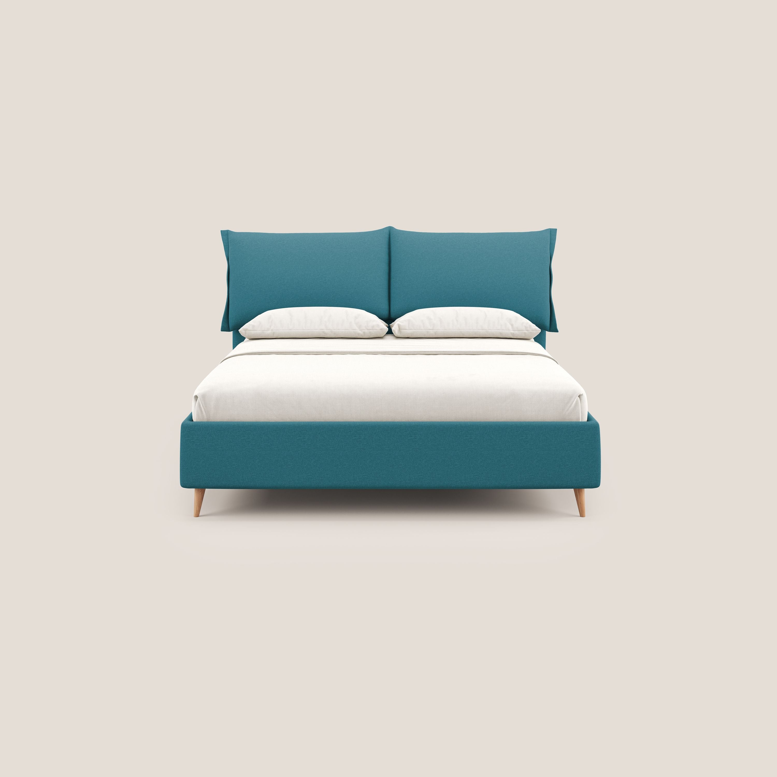 Elettra letto contenitore imbottito e sfoderabile con cuscini testata in tessuto impermeabile T13 azzurro - divani.store