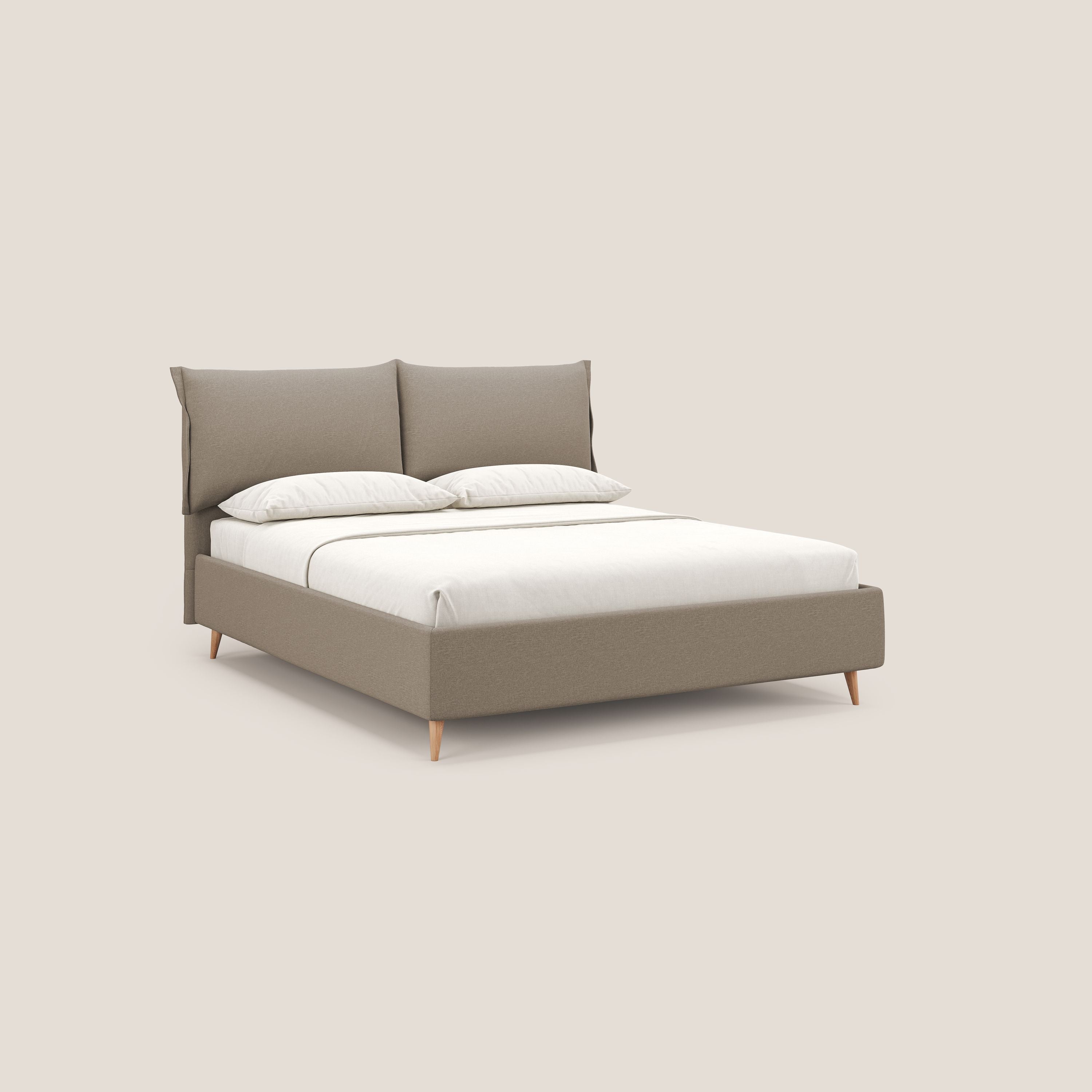 Elettra letto contenitore imbottito e sfoderabile con cuscini testata in tessuto impermeabile T13 beige - divani.store