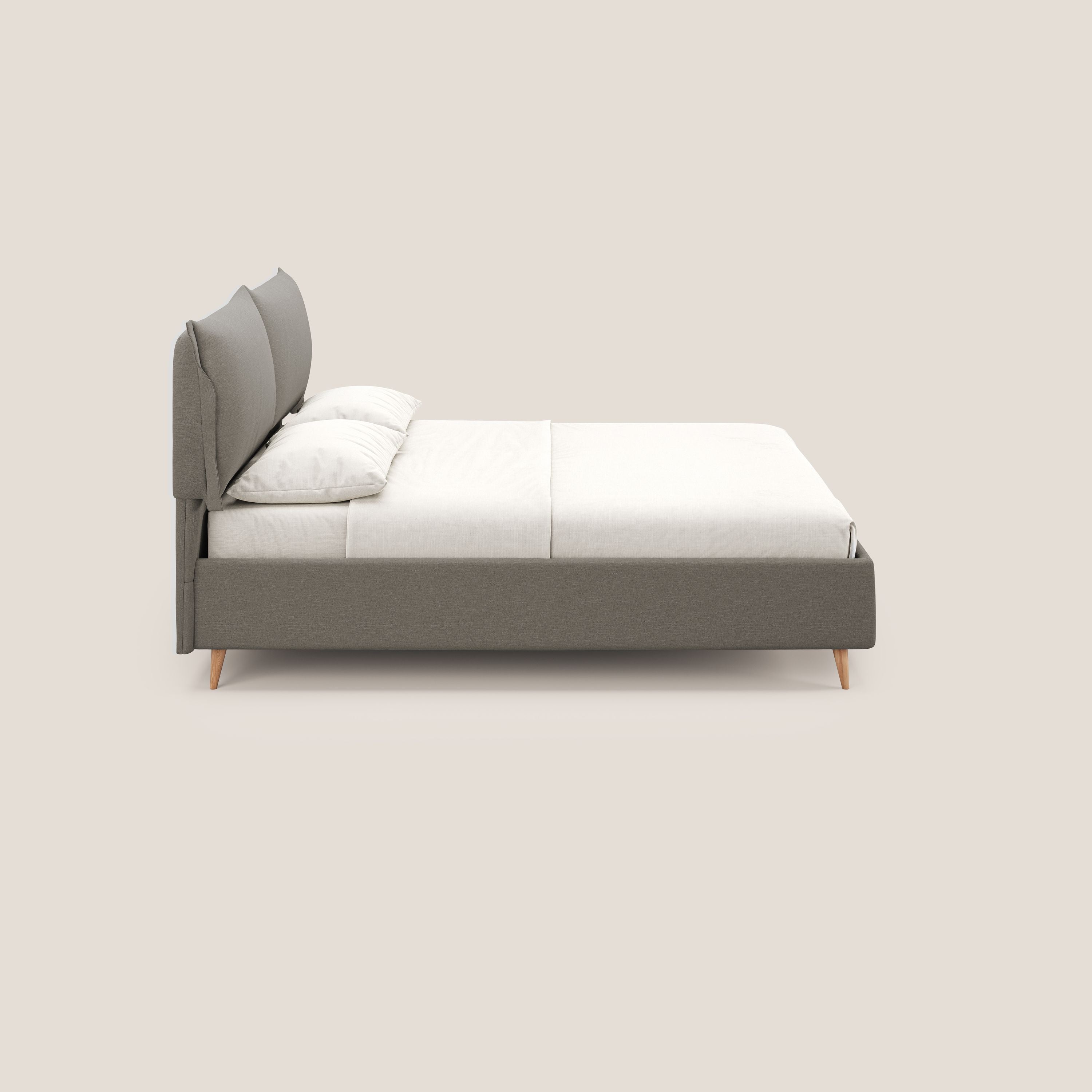 Elettra letto contenitore imbottito e sfoderabile con cuscini testata in tessuto impermeabile T13 tortora - divani.store