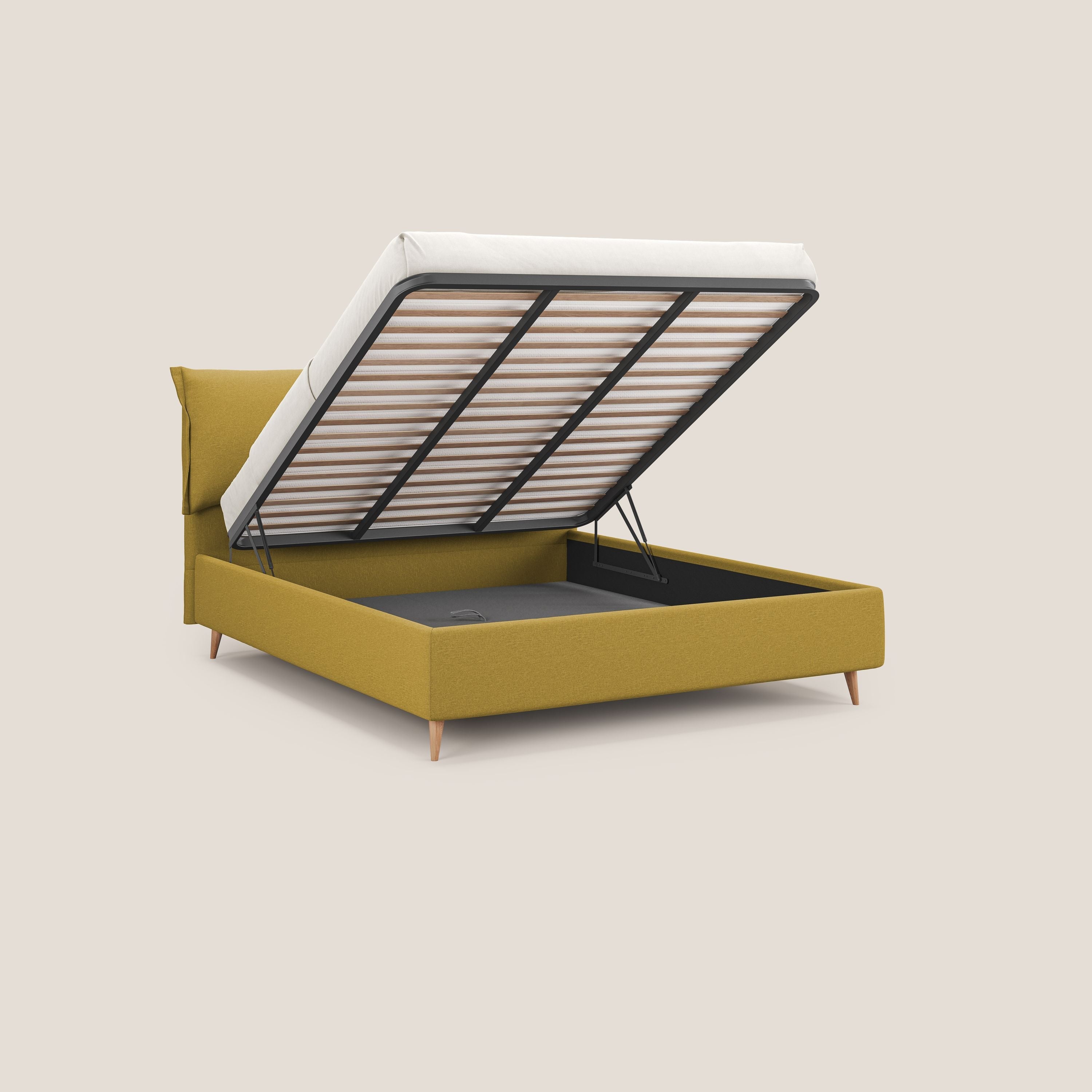 Elettra letto contenitore imbottito e sfoderabile con cuscini testata in tessuto impermeabile T13 giallo - divani.store