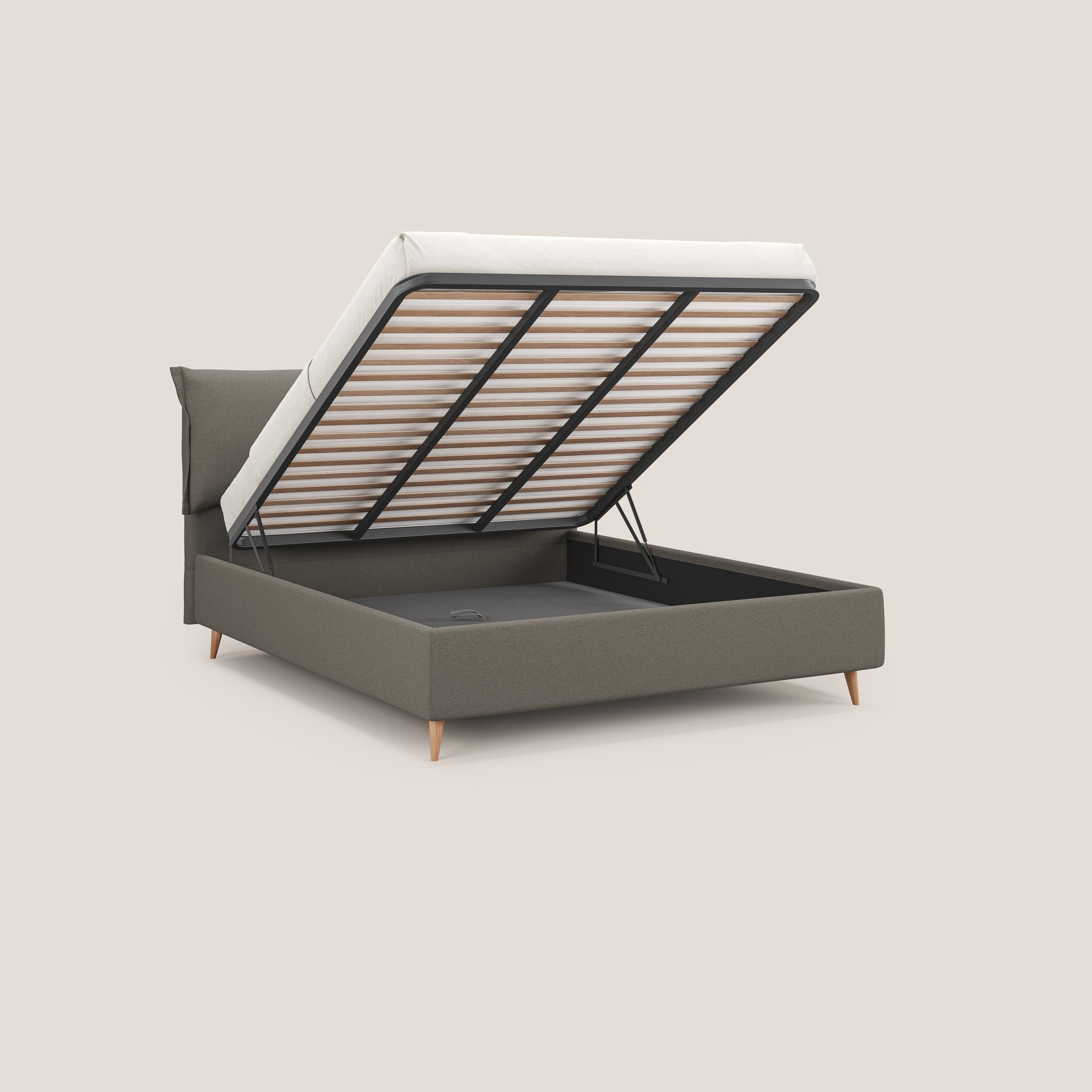 Elettra letto contenitore imbottito e sfoderabile con cuscini testata in tessuto impermeabile T13 tortora - divani.store