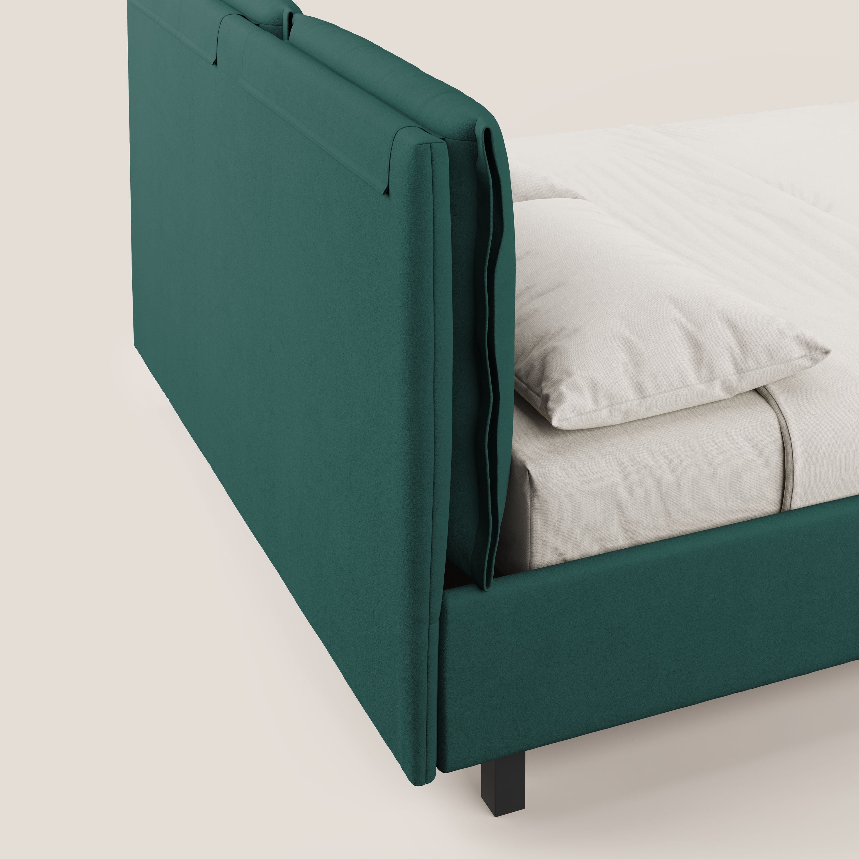 Emma letto contenitore con cuscini mobili in microfibra smacchiabile T11 petrolio - divani.store