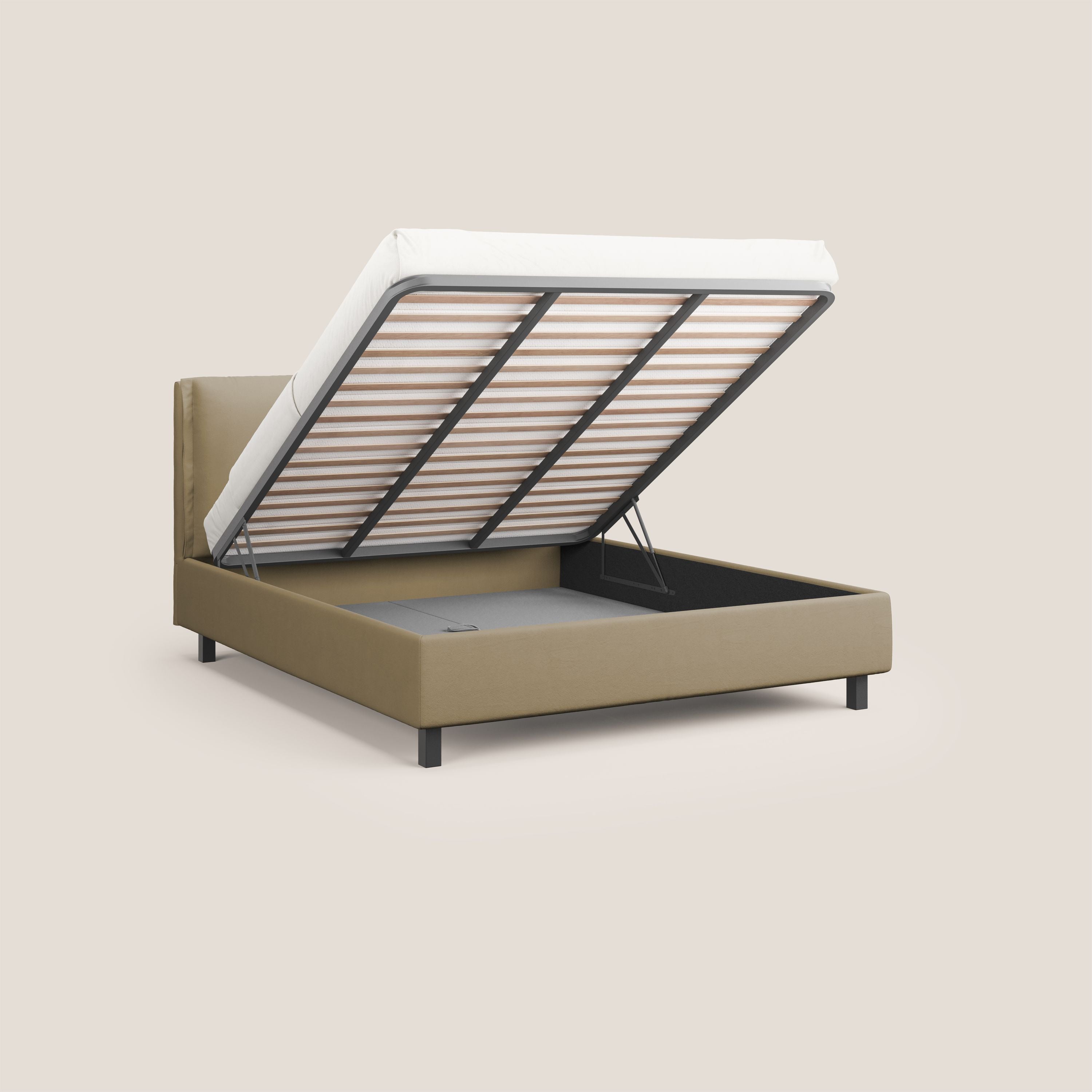 Emma letto contenitore con cuscini mobili in microfibra smacchiabile T11 beige - divani.store