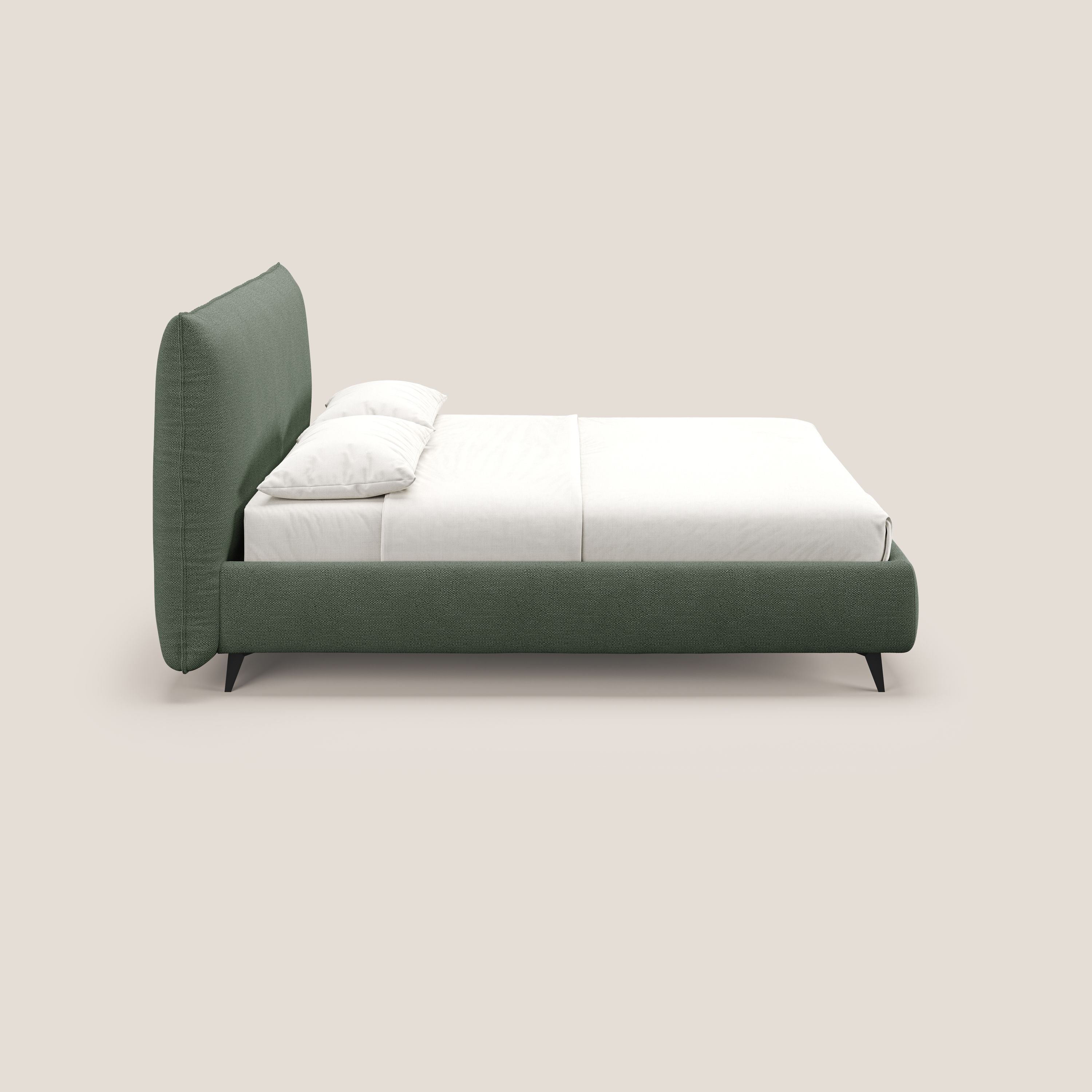 EROS letto imbottito in piuma con vano contenitore in pregiato e fresco bouclet smacchiabile T16 verde - divani.store