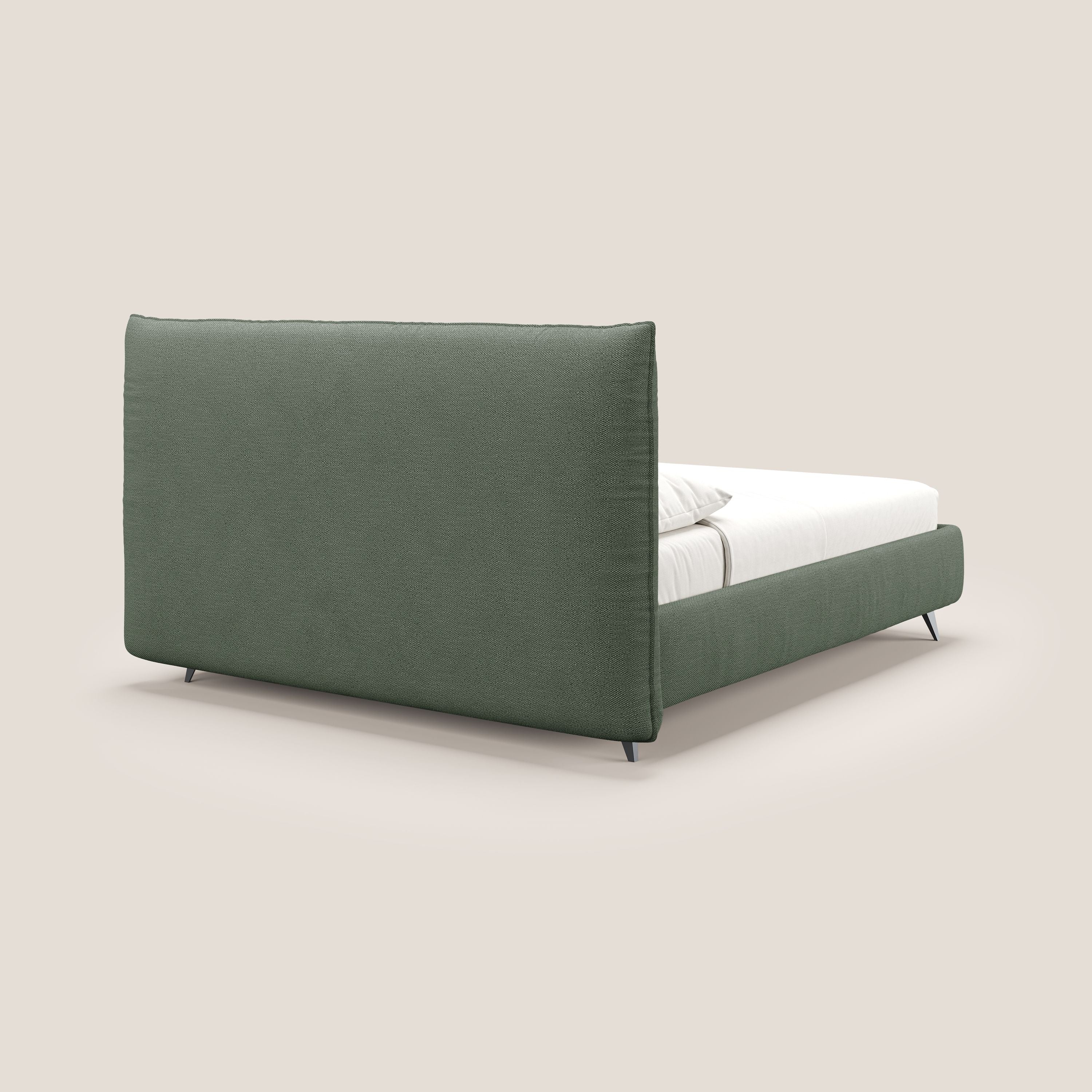 EROS letto imbottito in piuma con vano contenitore in pregiato e fresco bouclet smacchiabile T16 verde - divani.store