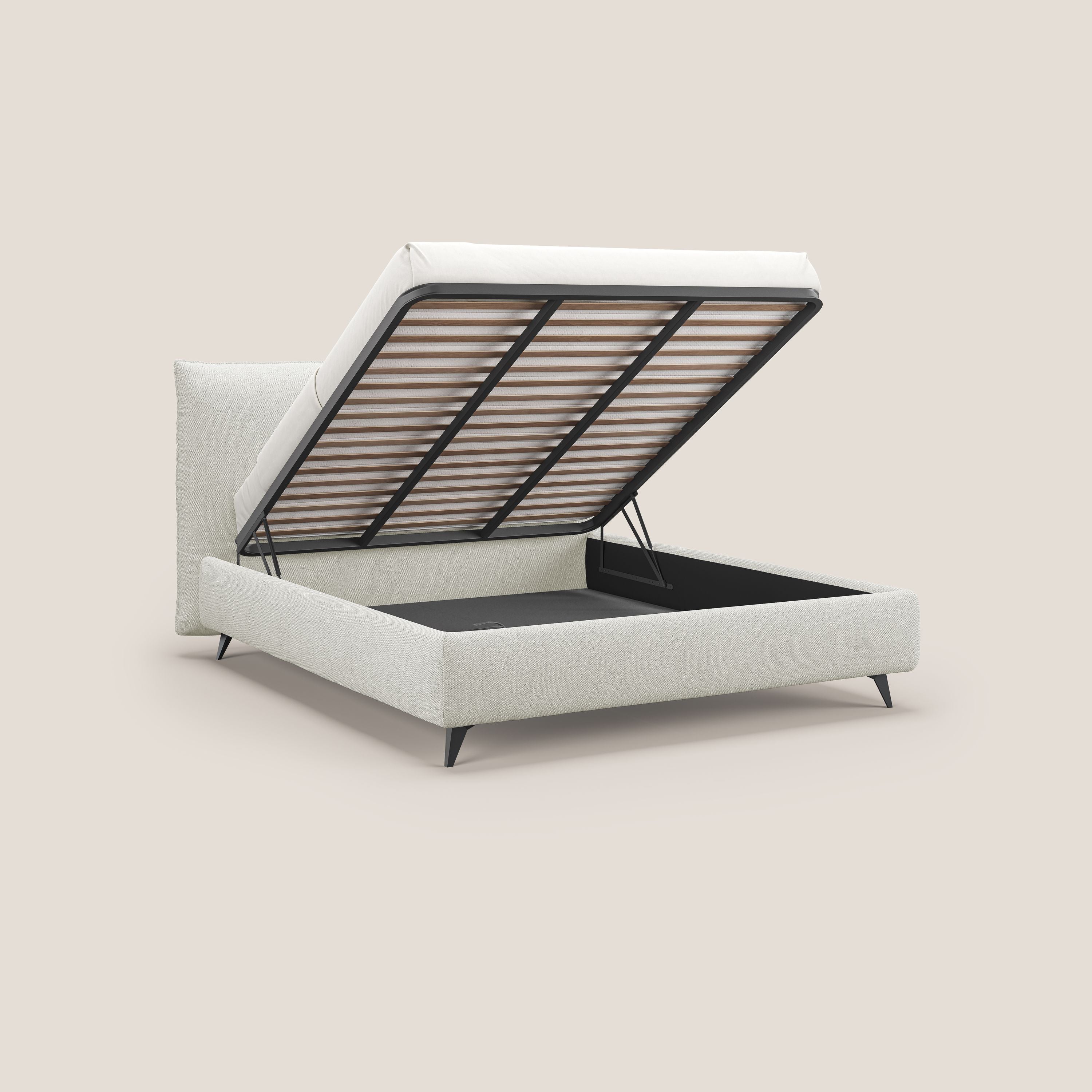EROS letto imbottito in piuma con vano contenitore in pregiato e fresco bouclet smacchiabile T16 panna - divani.store