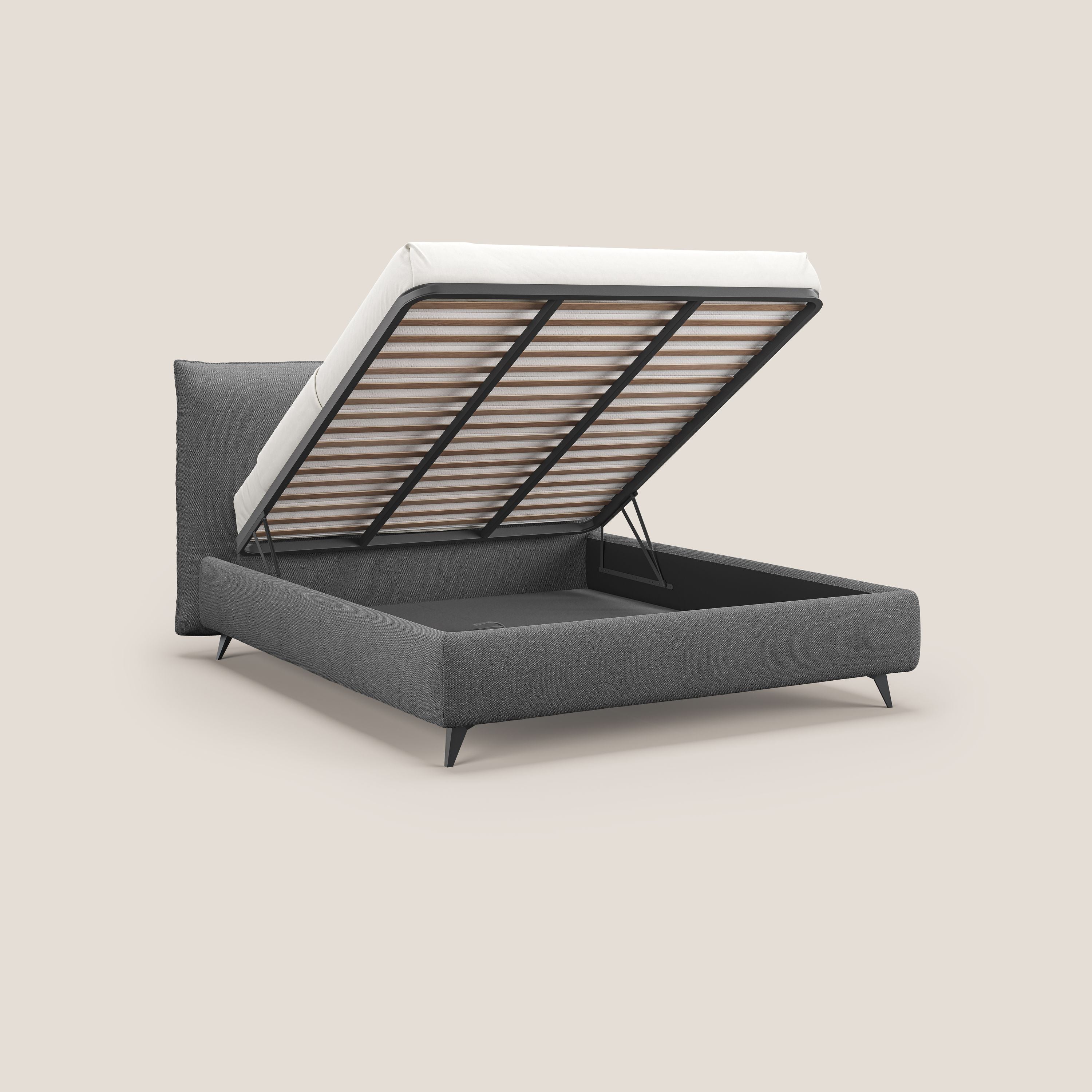 EROS letto imbottito in piuma con vano contenitore in pregiato e fresco bouclet smacchiabile T16 antracite - divani.store