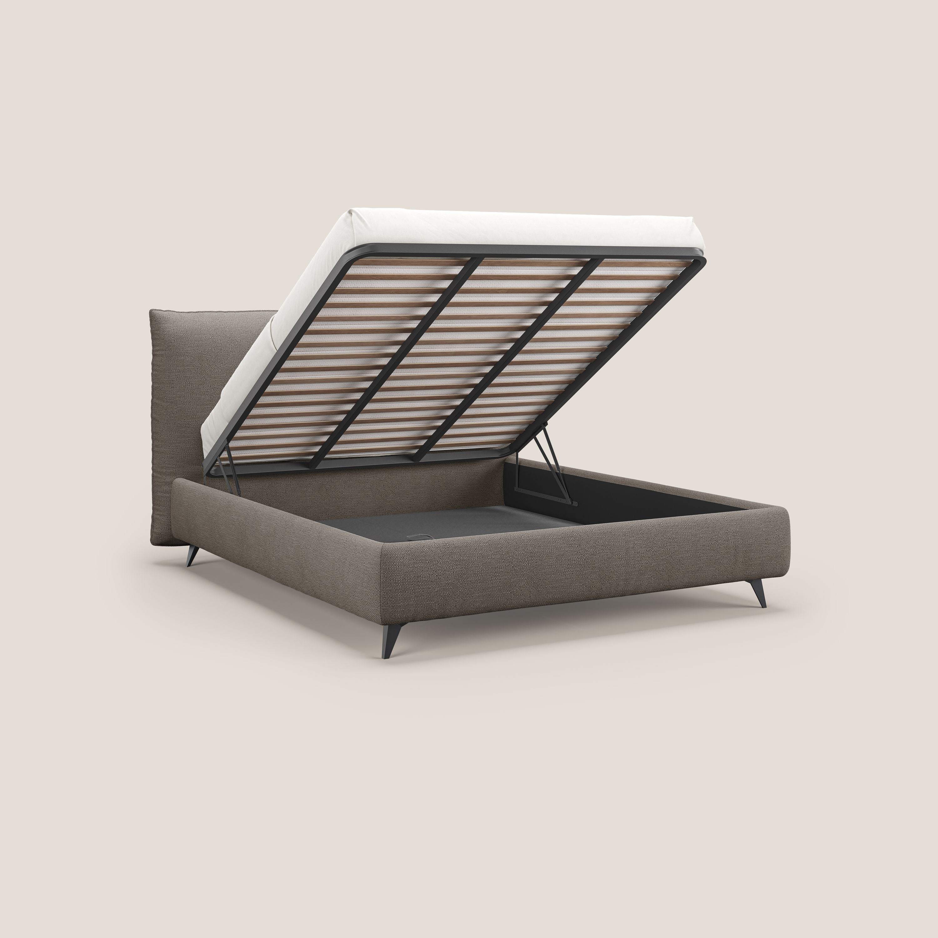 EROS letto imbottito in piuma con vano contenitore in pregiato e fresco bouclet smacchiabile T16 marrone - divani.store