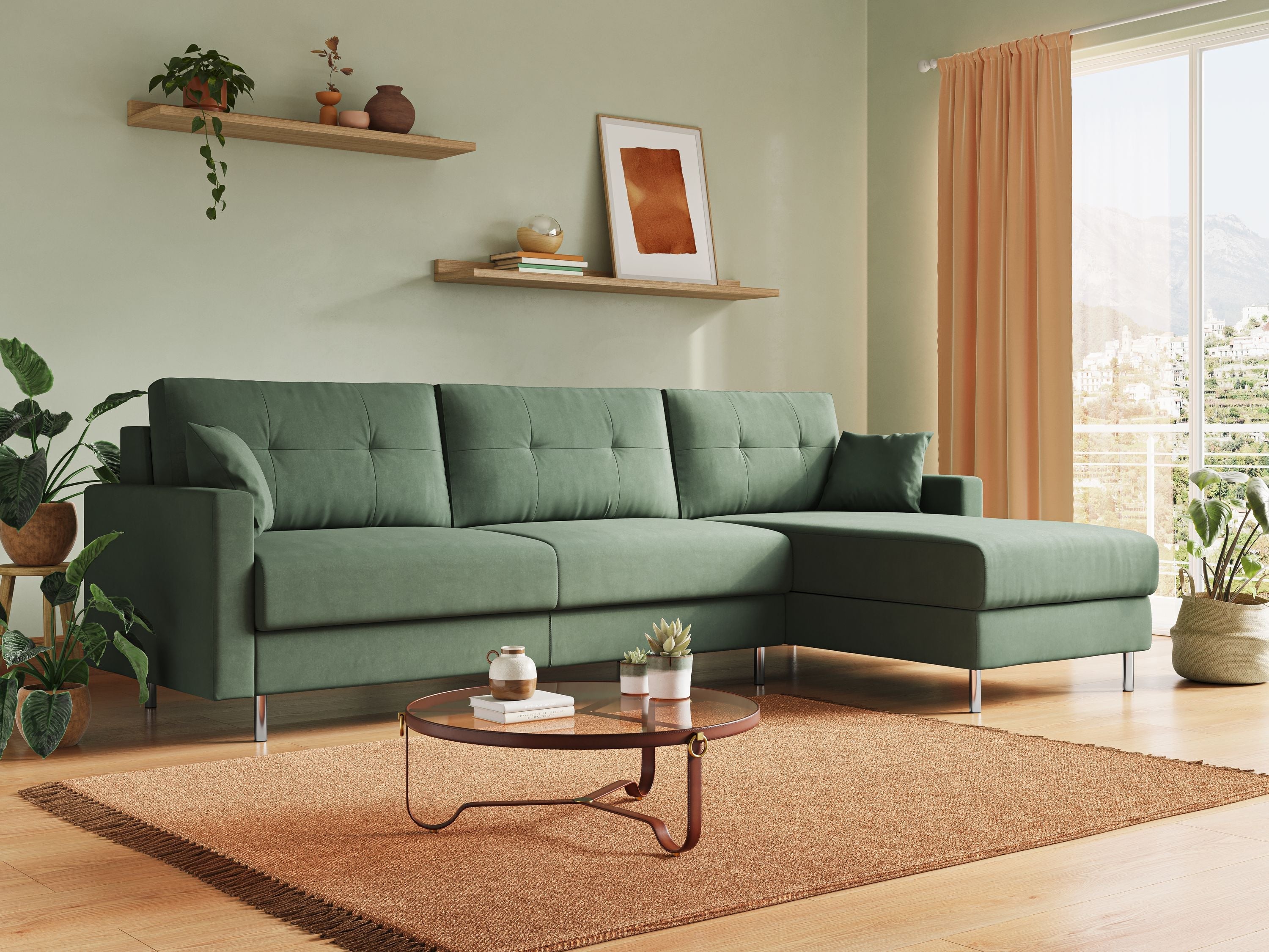 Megan divano letto angolare in microfibra smacchiabile T11 verde - divani.store