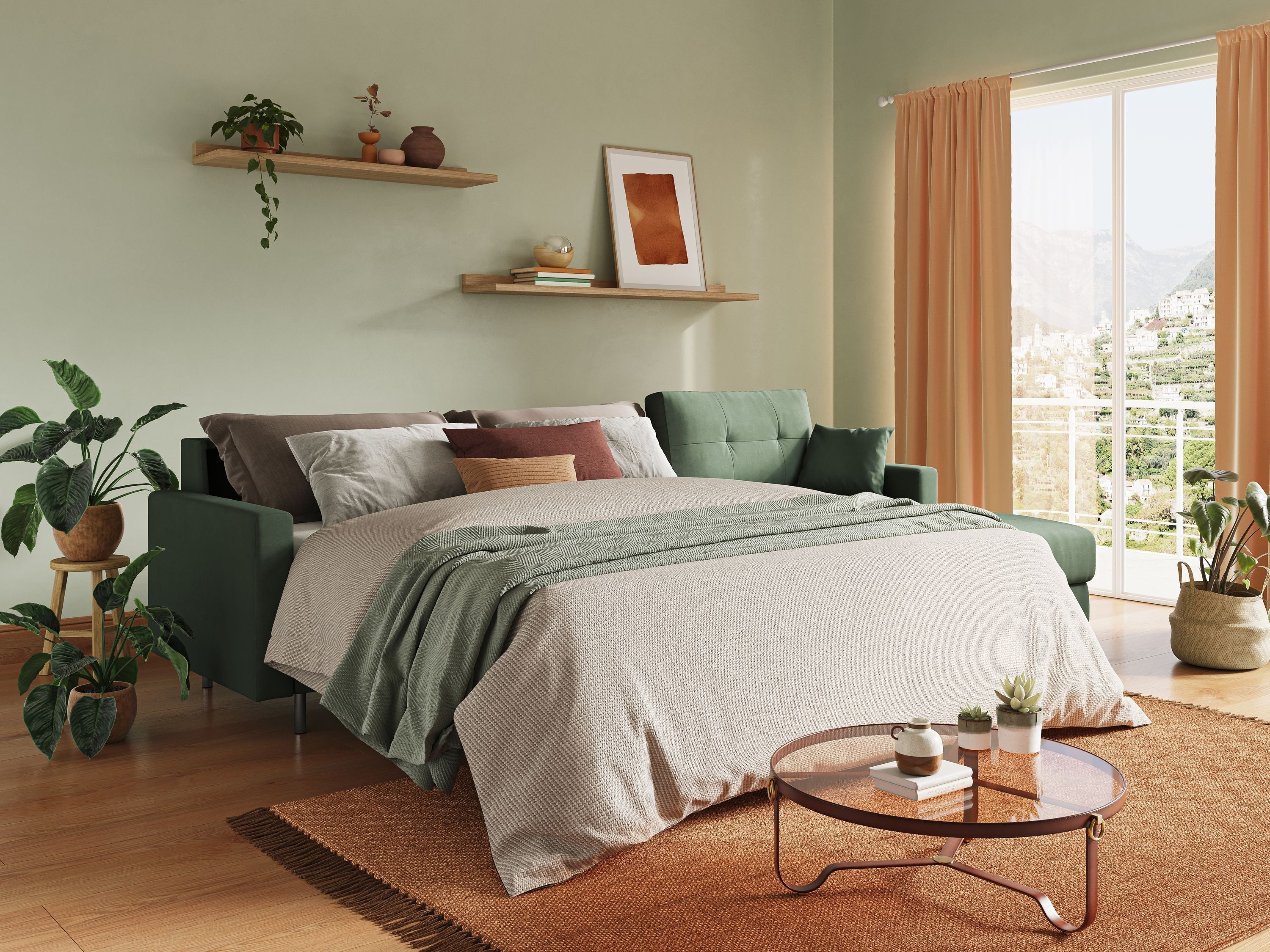 Megan divano letto angolare in microfibra smacchiabile T11 verde - divani.store