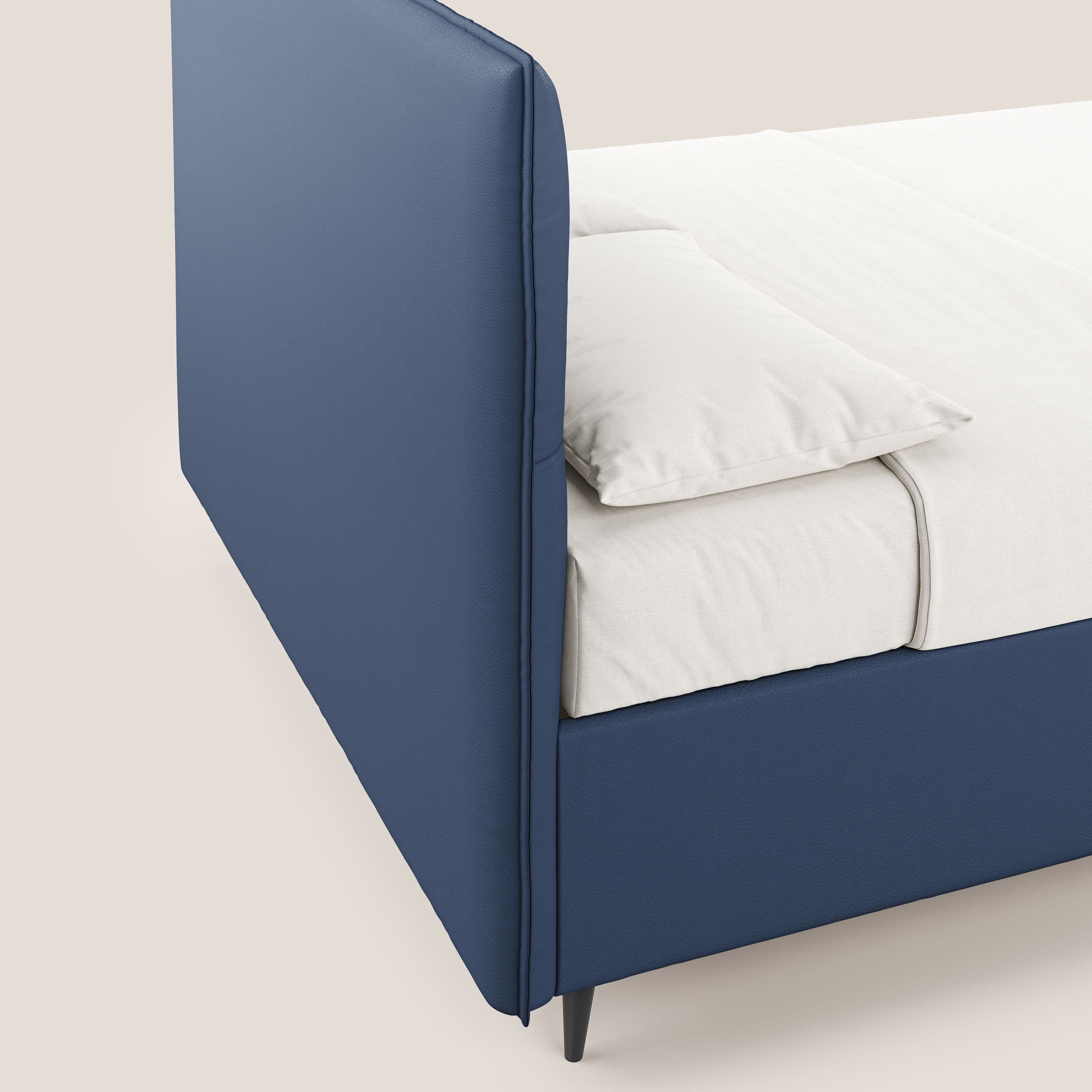 Greta letto contenitore dimensioni SLIM con testata trapuntata in ecopelle impermeabile T04 blu - divani.store