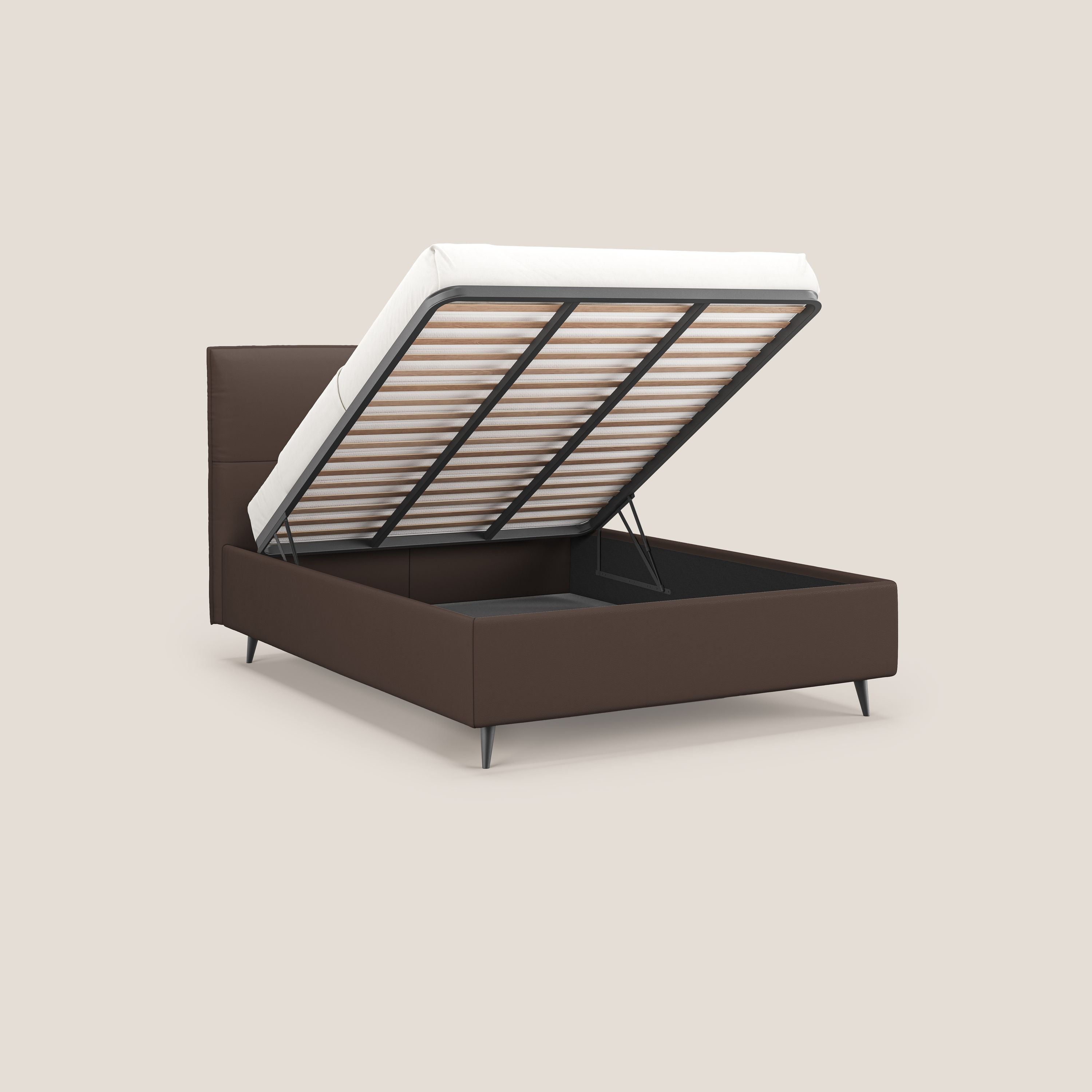 Greta letto contenitore dimensioni SLIM con testata trapuntata in ecopelle impermeabile T04 marrone - divani.store