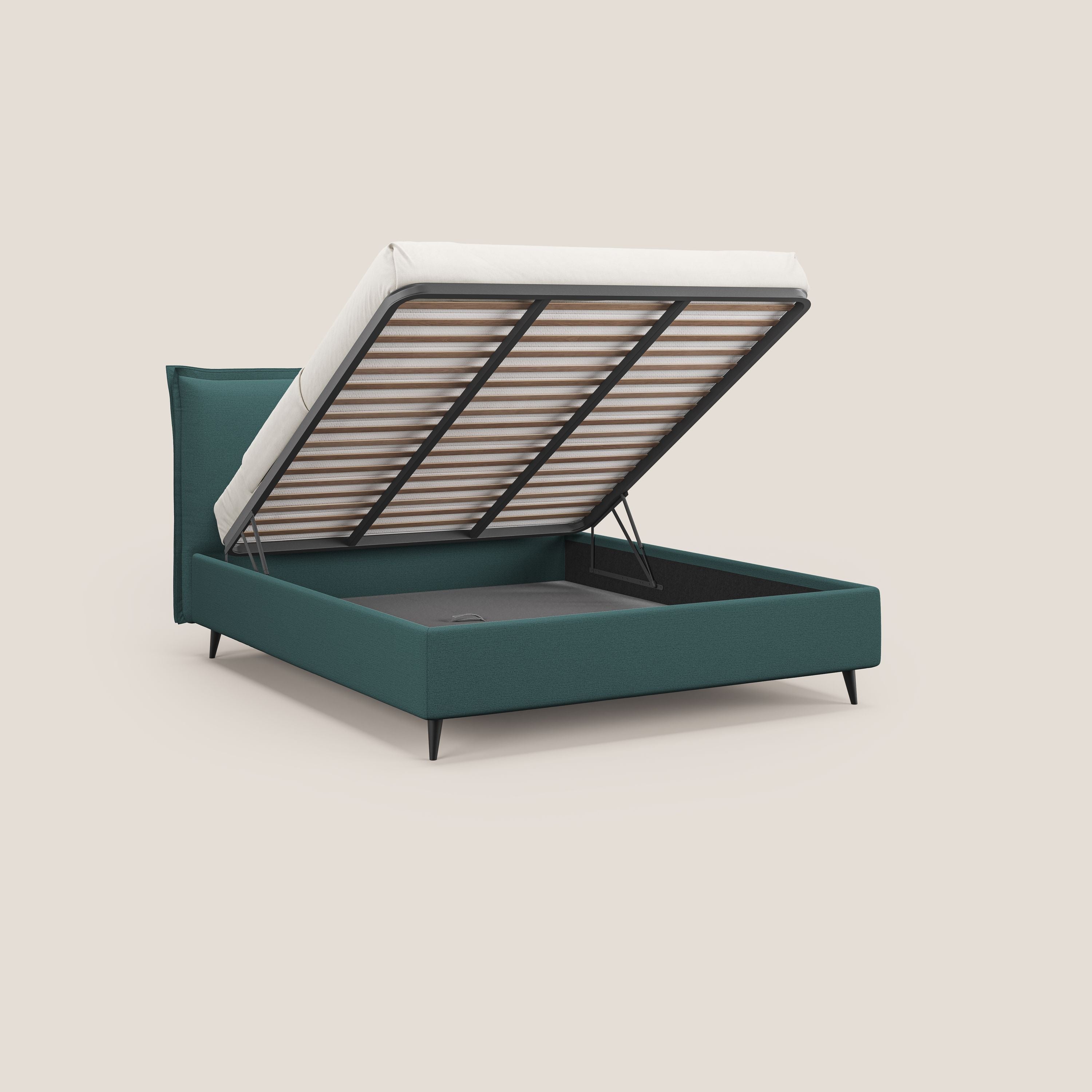 Hans letto contenitore imbottito minimal in tessuto simil cotone impermeabile T19 petrolio - divani.store