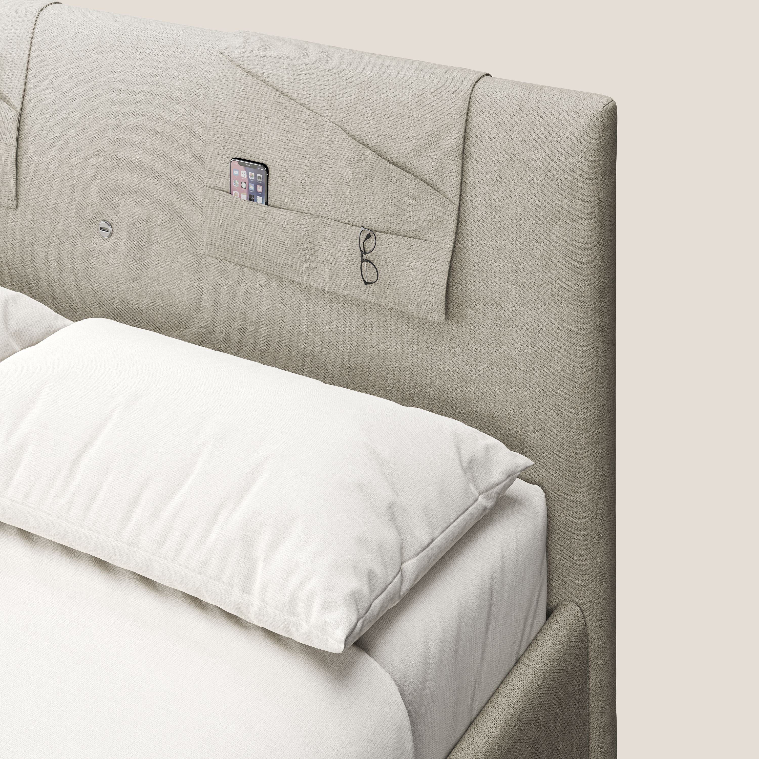 Horus letto imbottito contenitore e presa USB sulla testata in tessuto impermeabile T02 panna - divani.store