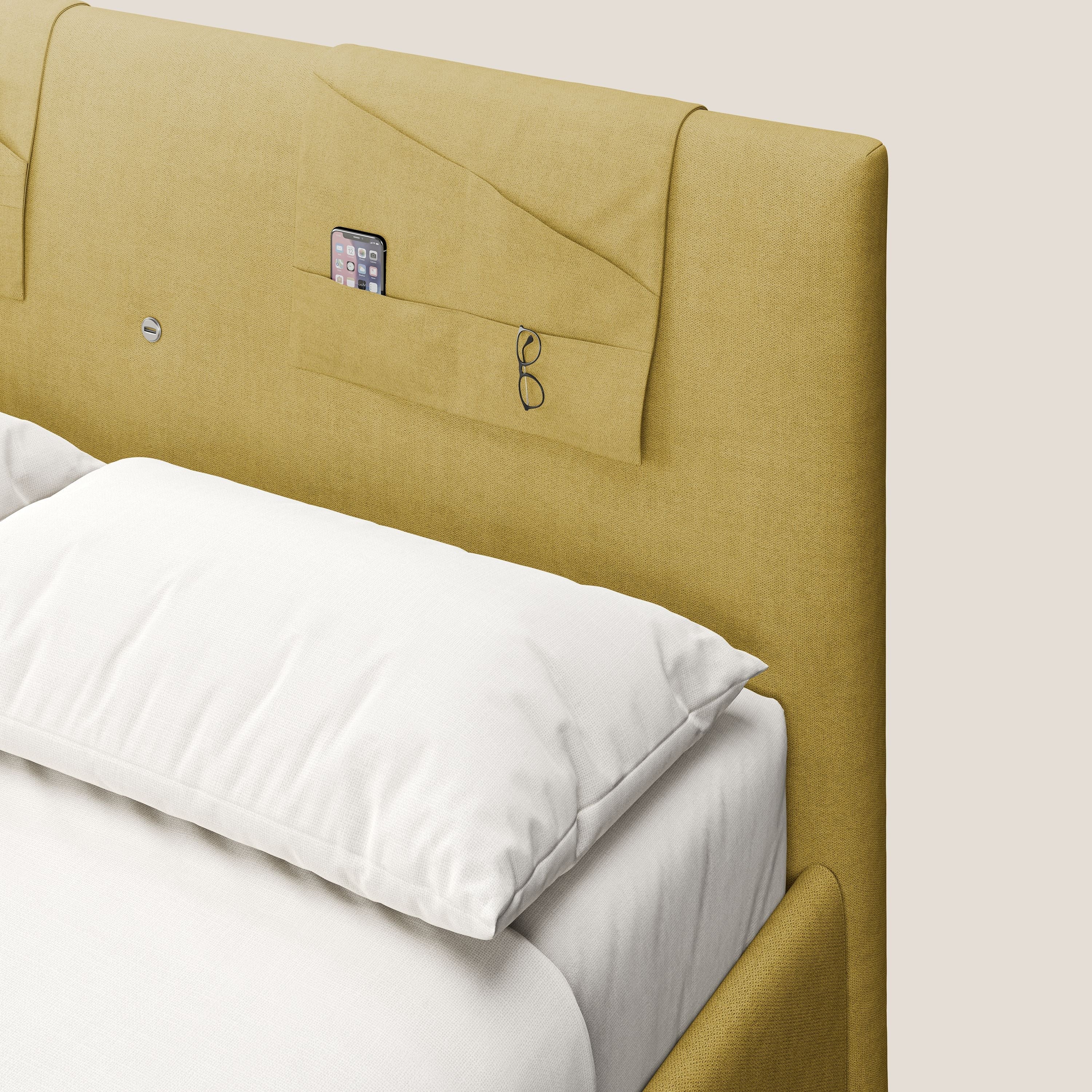 Horus letto imbottito contenitore e presa USB sulla testata in tessuto impermeabile T02 giallo - divani.store