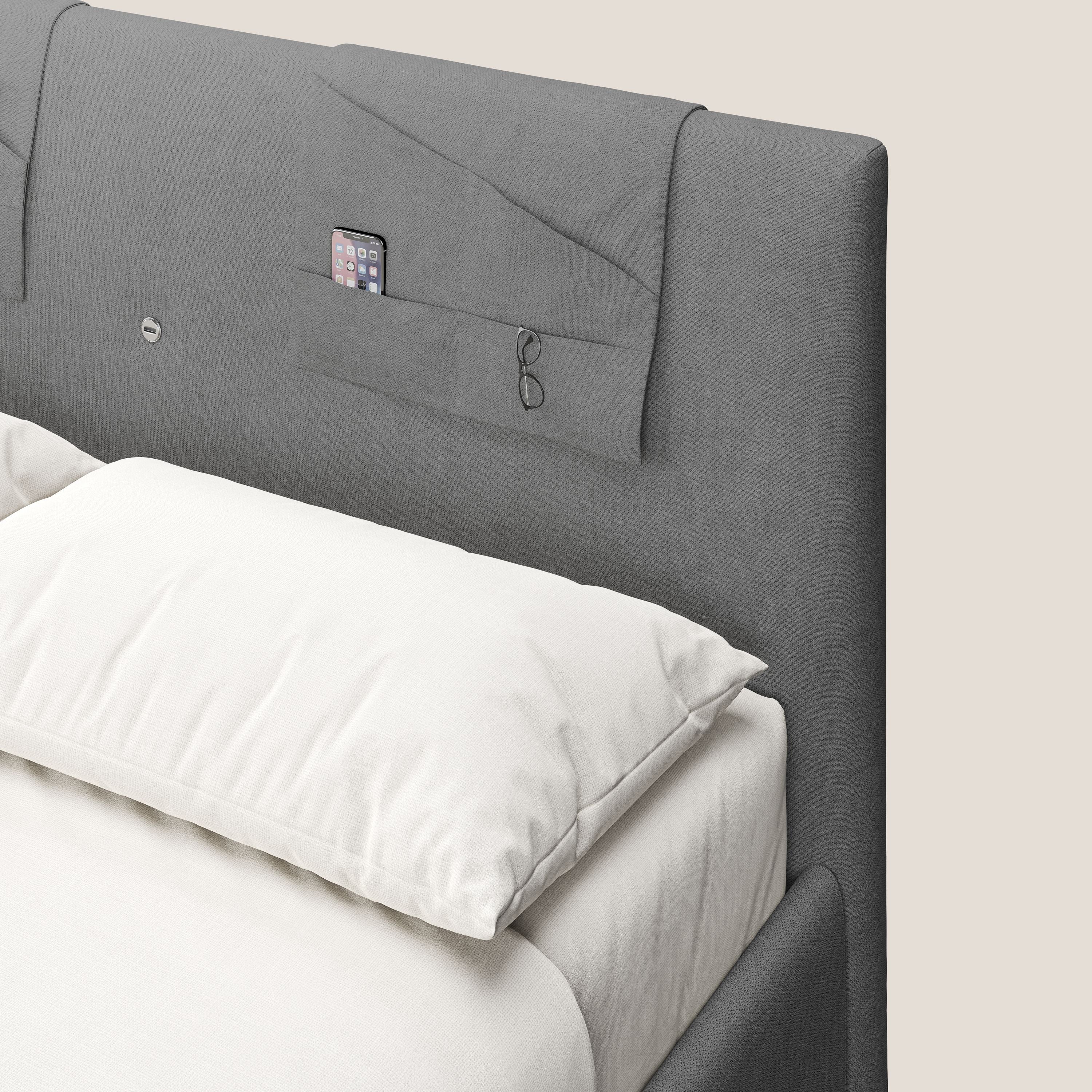 Horus letto imbottito contenitore e presa USB sulla testata in tessuto impermeabile T02 grigio - divani.store