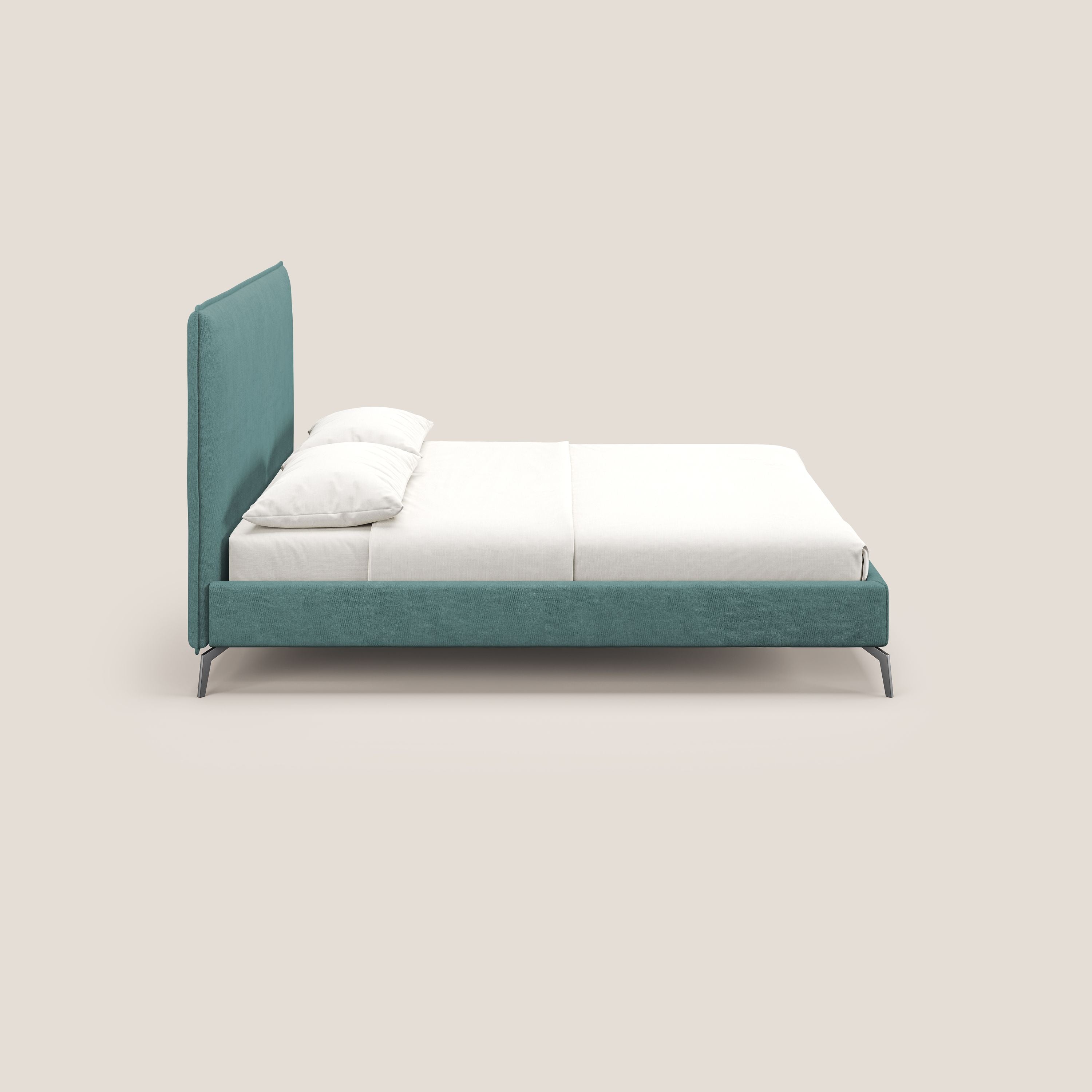 Iris letto imbottito con piedini neri sfoderabile in tessuto impermeabile T02 petrolio - divani.store