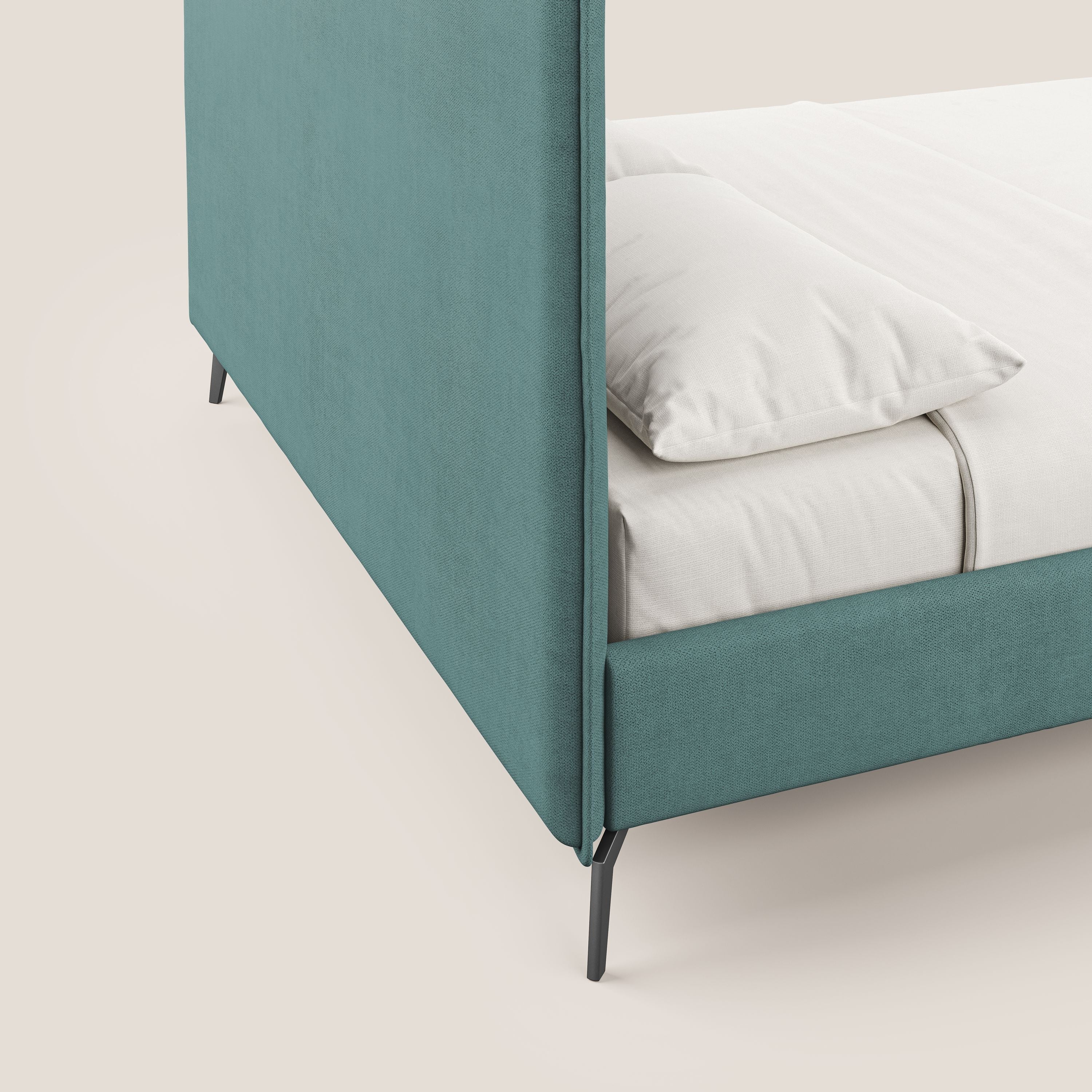 Iris letto imbottito con piedini neri sfoderabile in tessuto impermeabile T02 petrolio - divani.store