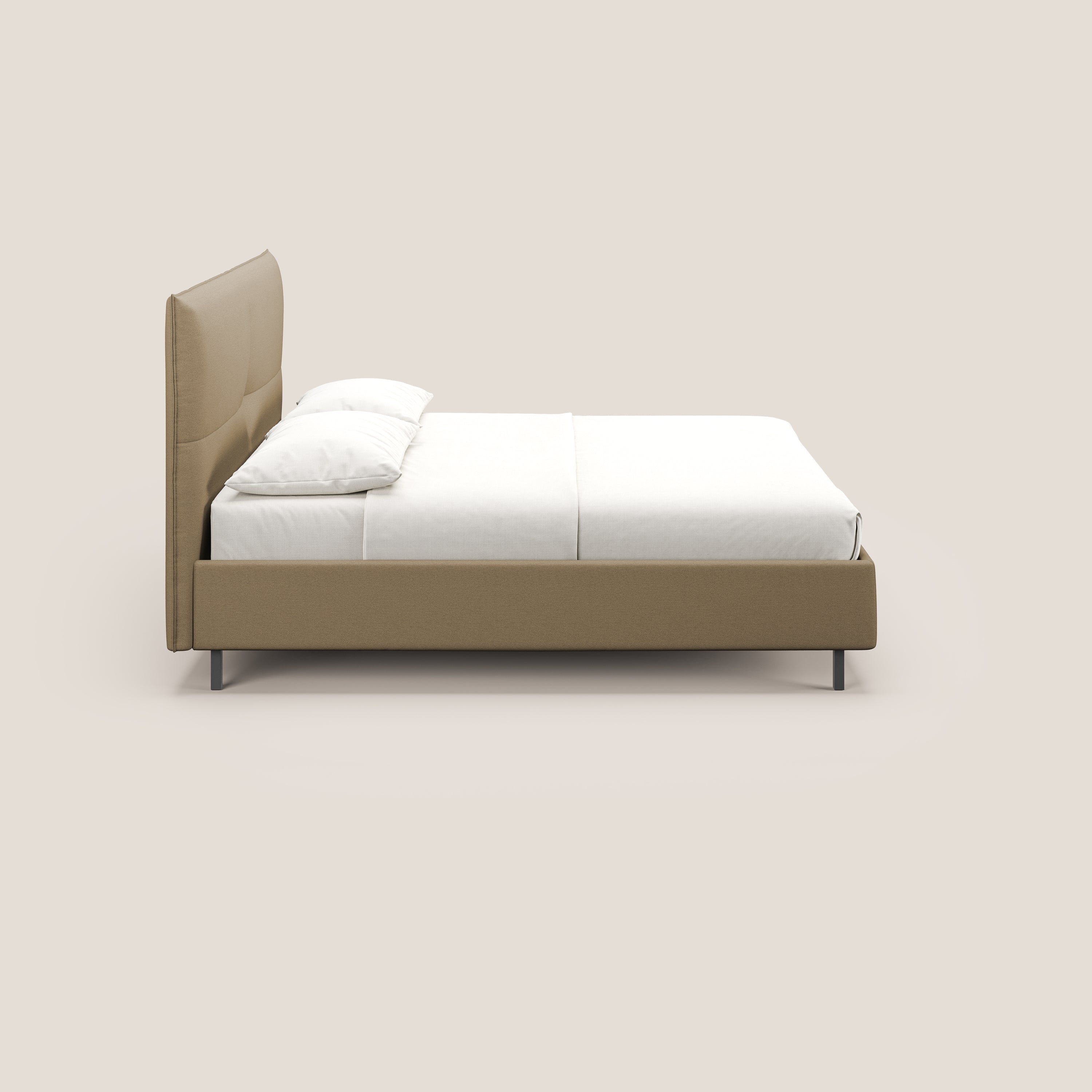 Izumi letto imbottito contenitore con piedi alti in tessuto smacchiabile T05 beige - divani.store