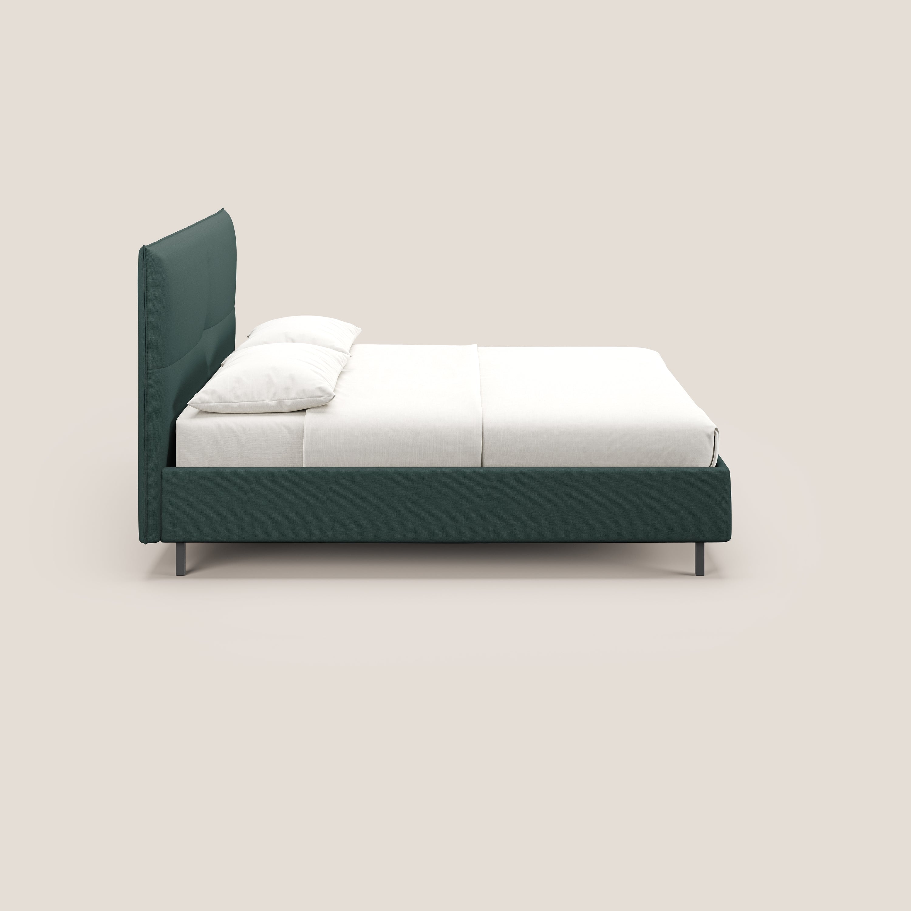 Izumi letto imbottito contenitore con piedi alti in tessuto smacchiabile T05 verde - divani.store
