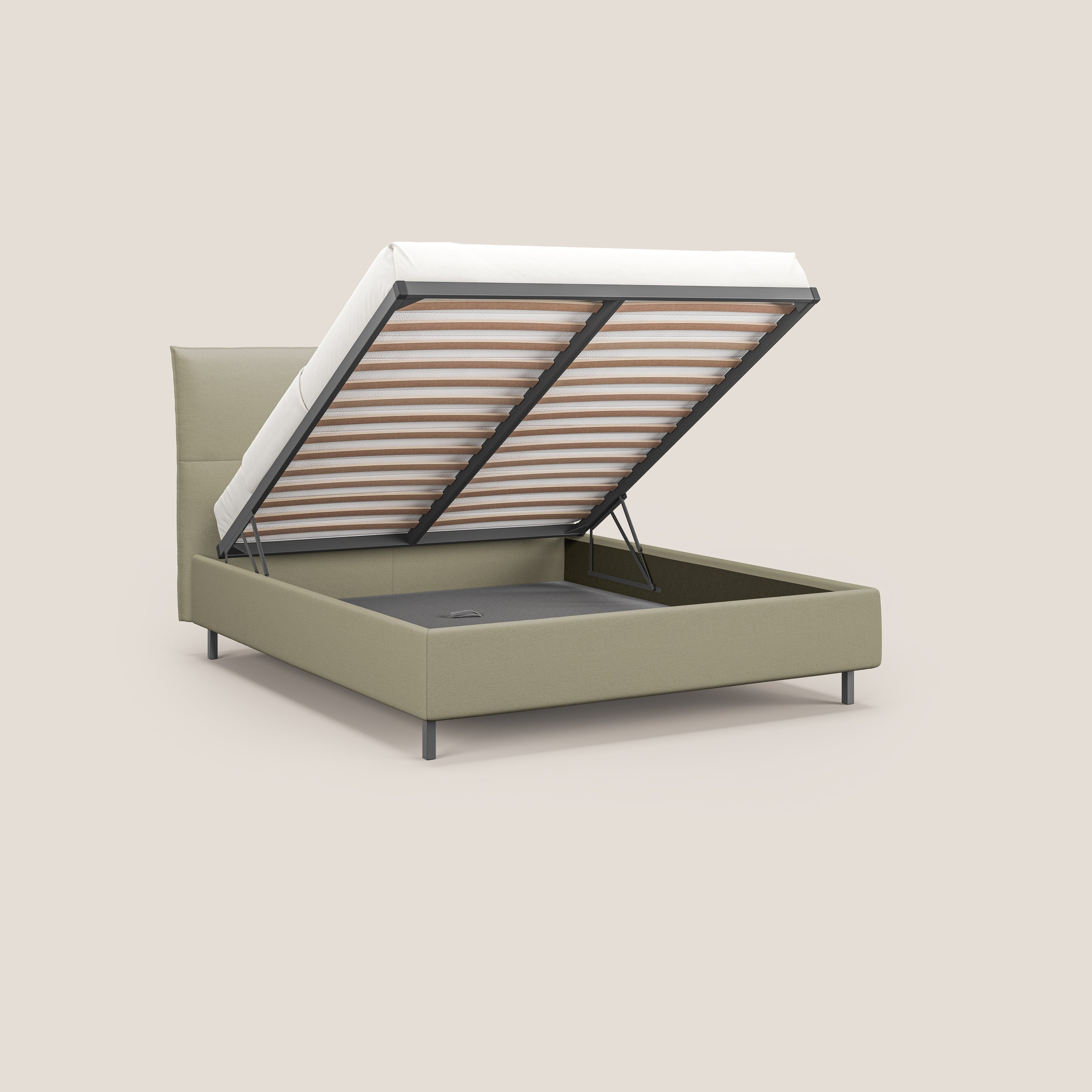 Izumi letto imbottito contenitore con piedi alti in tessuto smacchiabile T05 panna - divani.store