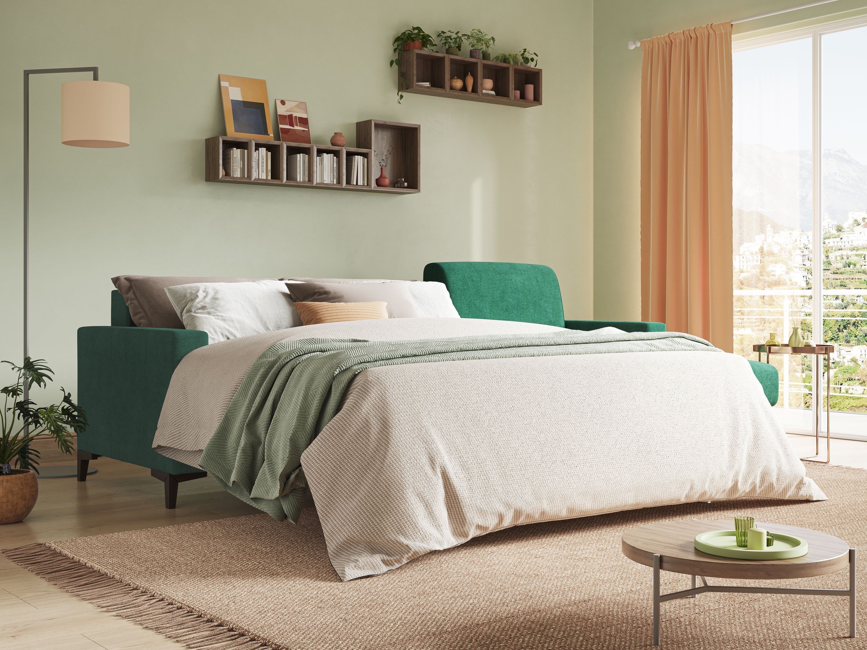 Kafka divano letto angolare in morbido tessuto impermeabile T02 verde - divani.store