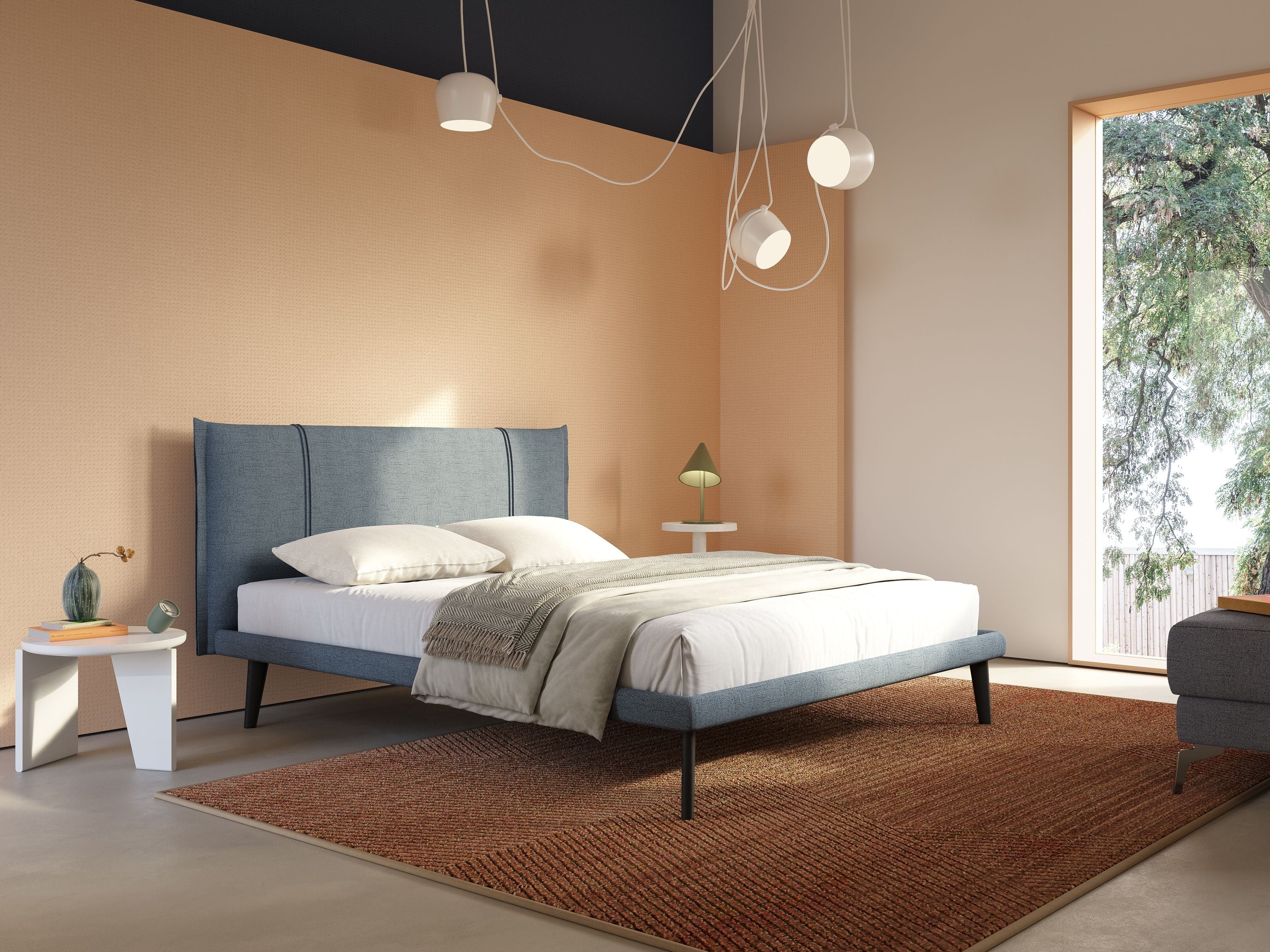 Klaus LETTO moderno con piedi in mogano e tessuto fiammato impermeabile T03 blu - divani.store