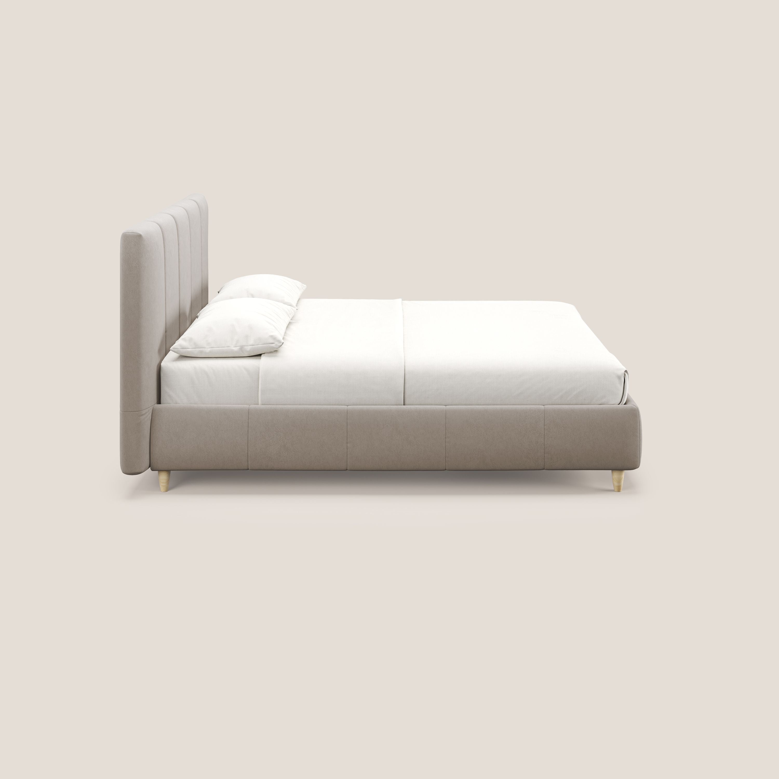 Laura letto imbottito contenitore e sfoderabile in microfibra velluto impermeabile T09 tortora - divani.store